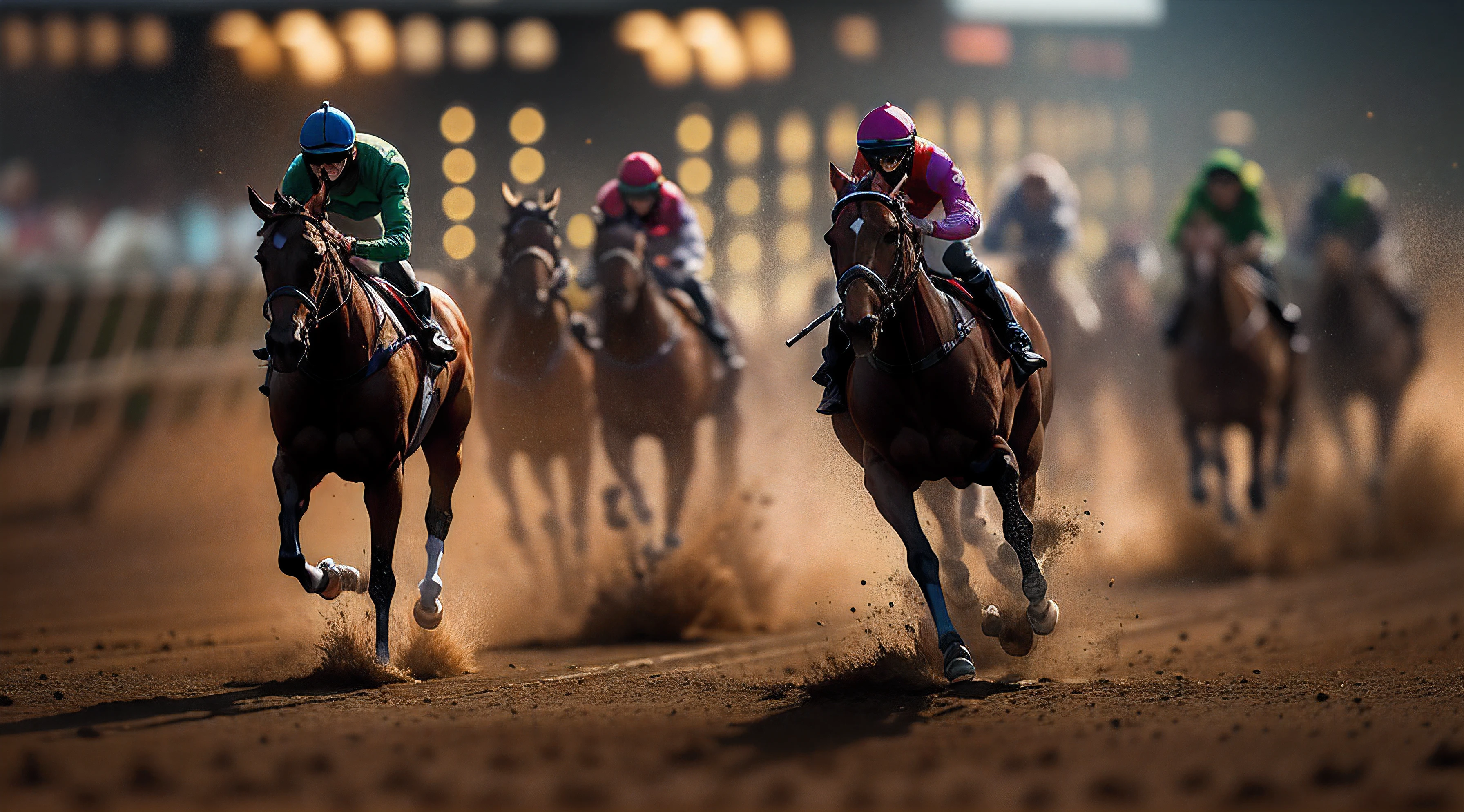 Science fiction film of a horse race,Bokeh,Film lighting by Roger Deakins