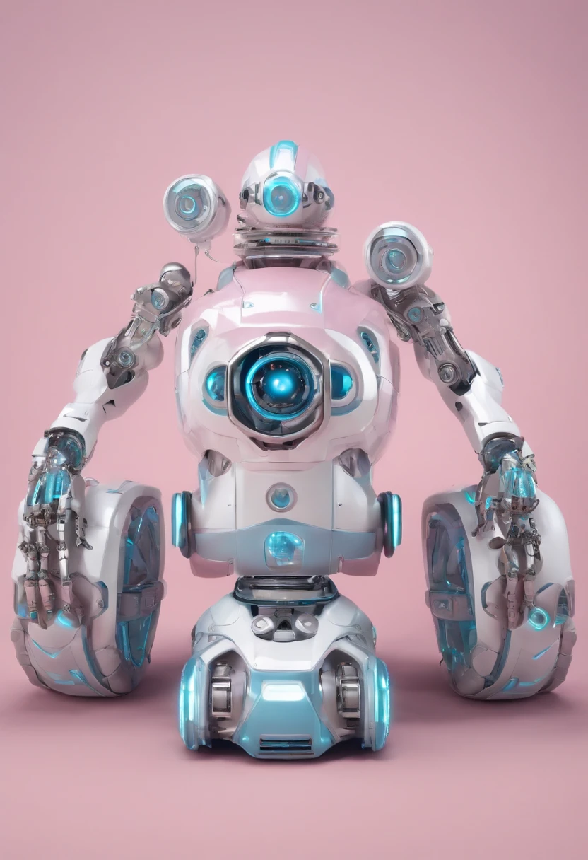 Generate images of beautiful robots。This robot should be amiable as a pet of the future。 Although it doesn't have to be facial expressions、Eyes are better for having great。The background is shimmering with pink and light blue, etc., e tem uma atmosfera brilhante e divertida.、Make sure you clearly know where the robot is。To Generate Robot Images、It doesn't matter what art style or technique you use,、Be careful that the robot is cute。