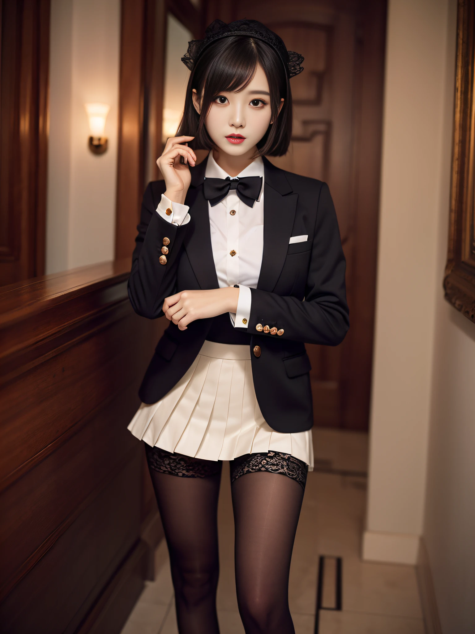 Charming beauties、Suit jacket、Black pleated skirt、beauty legs、Dyed in darkness、lacy fabric、Brainwashing makeup、brainwashed、thighband pantyhose、Hollow eyes