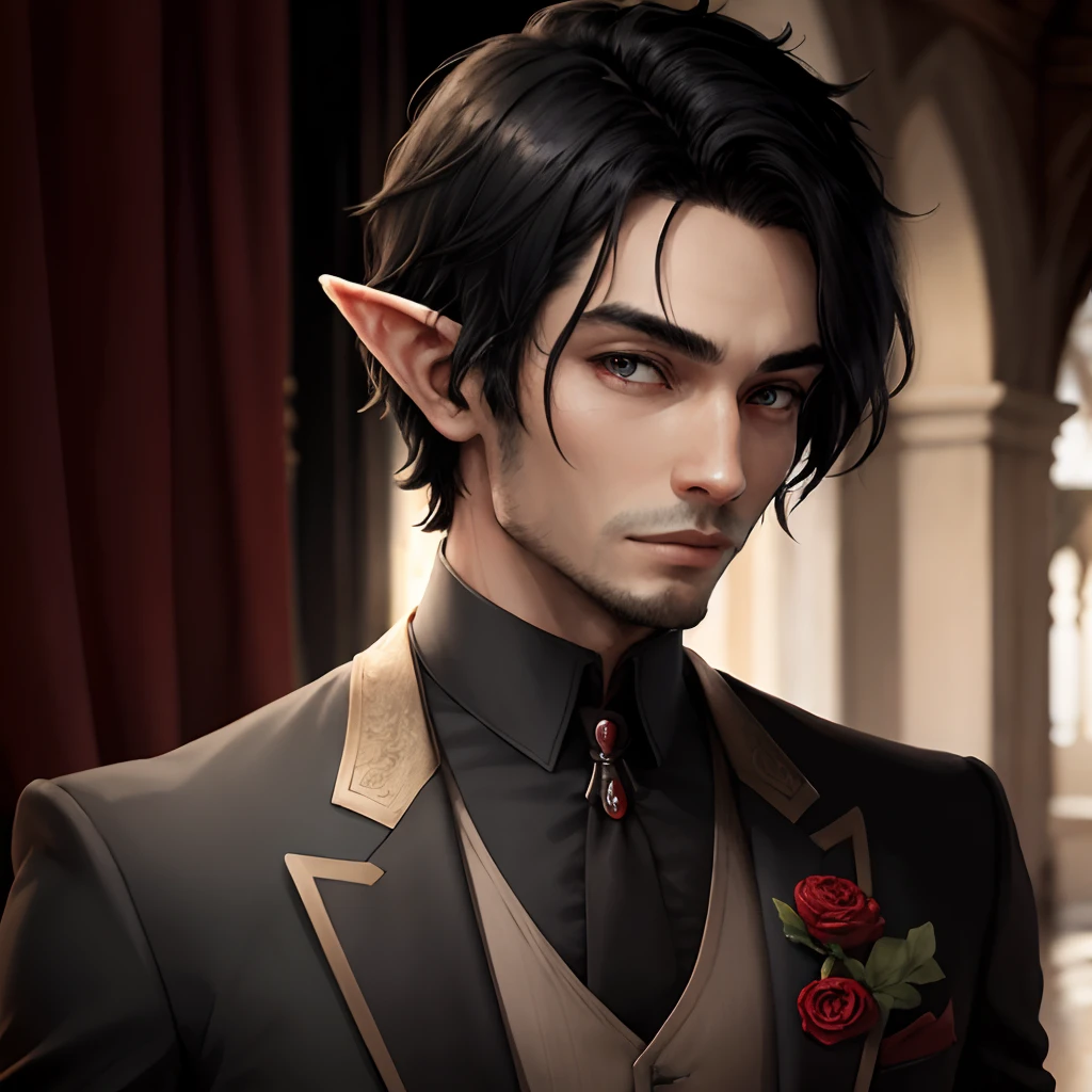 Male elf black hair in a red and black suit standing