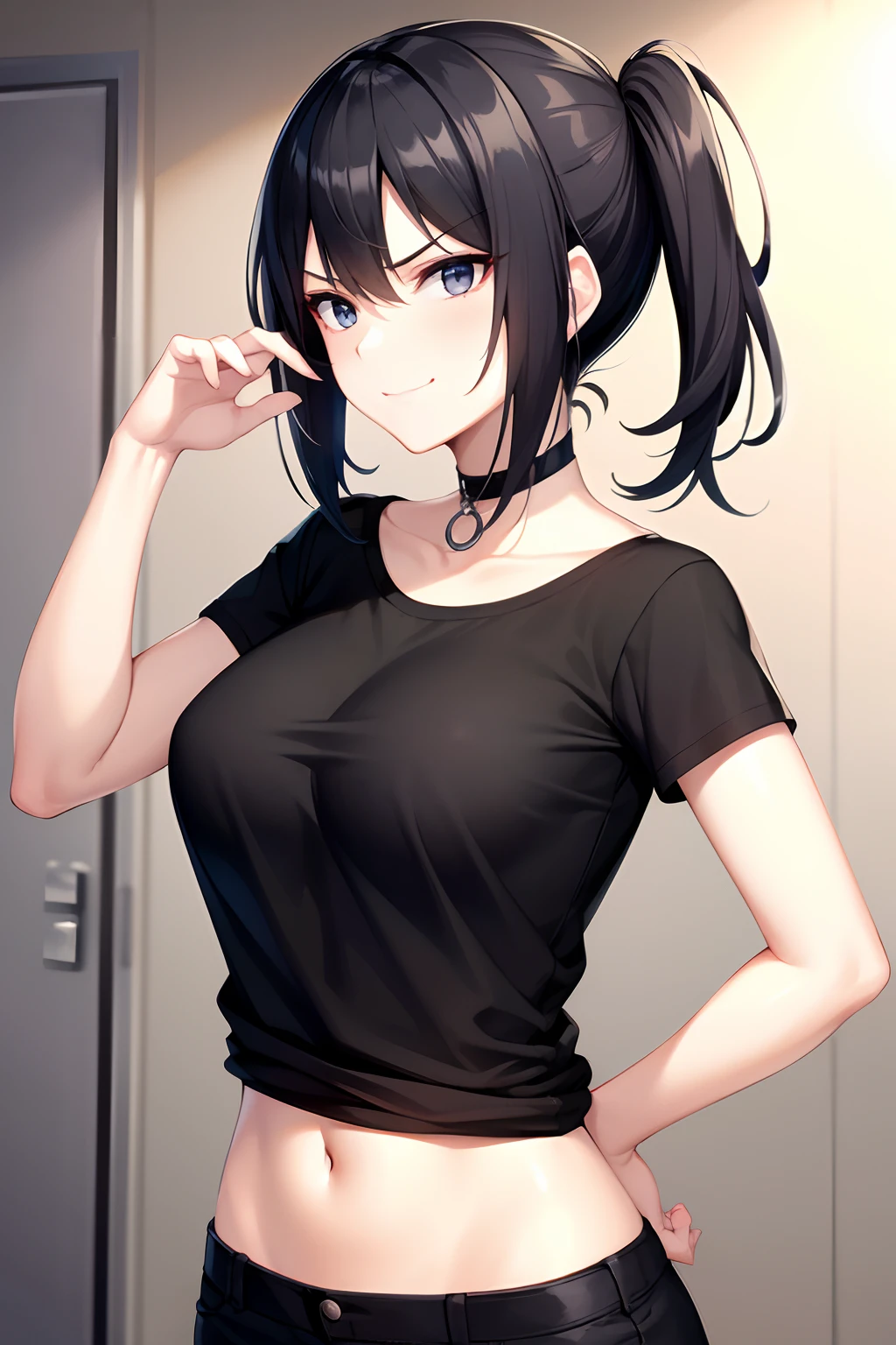 A girl with black hair and grey eyes, slightly angry, smiling, devious look on her face, wearing black hot pants and a black t-shirt, neck chocker