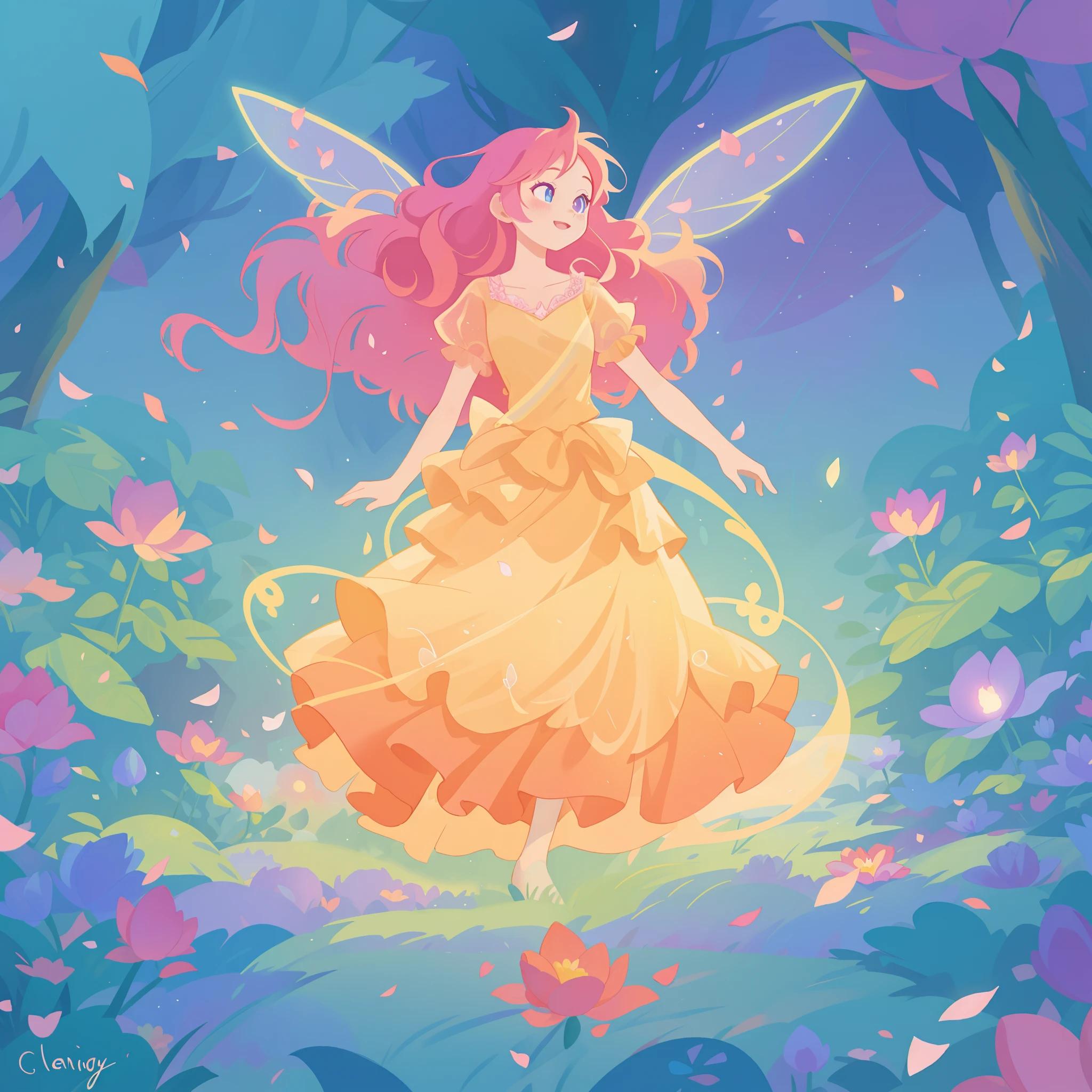 beautiful girl in tiered gradient ballgown dress, gradient warm color ballgown, ((layered flower petal skirt)), fairy dress, fairy queen, magical forest background, (glowing fairy wings), glowing flowing ballgown, long wavy hair, sparkling fairy wings, watercolor illustration, flowers and colorful plants, inspired by Glen Keane, inspired by Lois van Baarle, disney art style, by Lois van Baarle, glowing aura around her, by Glen Keane, jen bartel, glowing lights! digital painting, flowing glowing hair, glowing flowing hair, beautiful digital illustration, fantasia otherworldly landscape plants flowers, beautiful, masterpiece, best quality, anime disney style