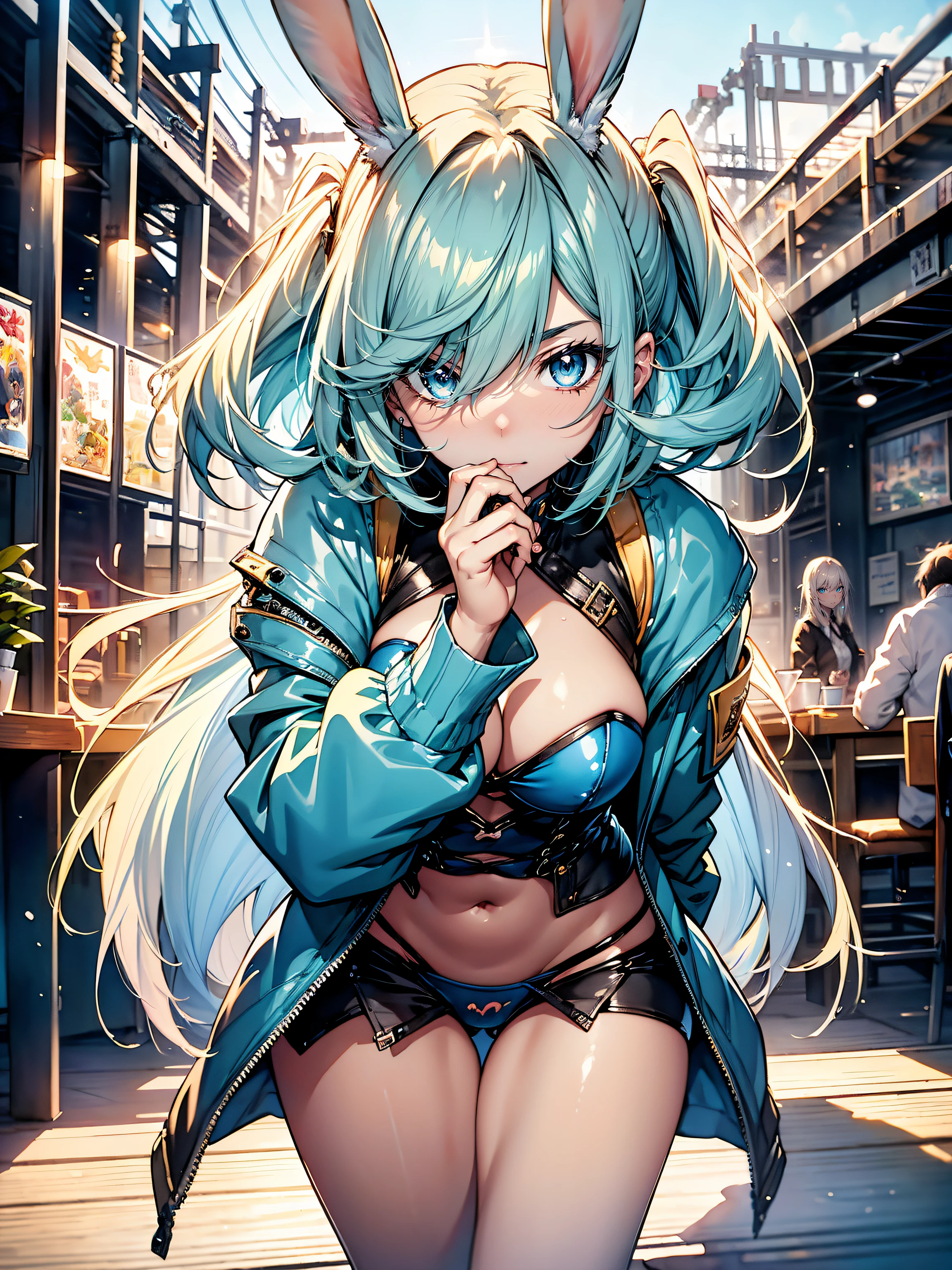 (({bunny girl:1.3)),hiquality, hight resolution, ultra-detailliert, high-level image quality, hightquality, anime illustrated, (finely detailed beautiful eye: 1.2), Detailed eye depiction, (finely detailed eyes and detailed face:1.3), (extremely details CG, Best Shadow:1.1), Depth of field and blur, (Perfect Detail: 1.1) , digitial illustration, Enamel Art, Center, Watercolor painting, art stations, concept-art, character sheets, Lightning Wave, beautiful anime watercolors, Vibrant colors, Sharp Focus, art by:hyung tae kim, Fine detail, intricate detailes, Curvaceous body, Detailed eye depiction, Vibrant colors,((Nervous look before riding a roller coaster))