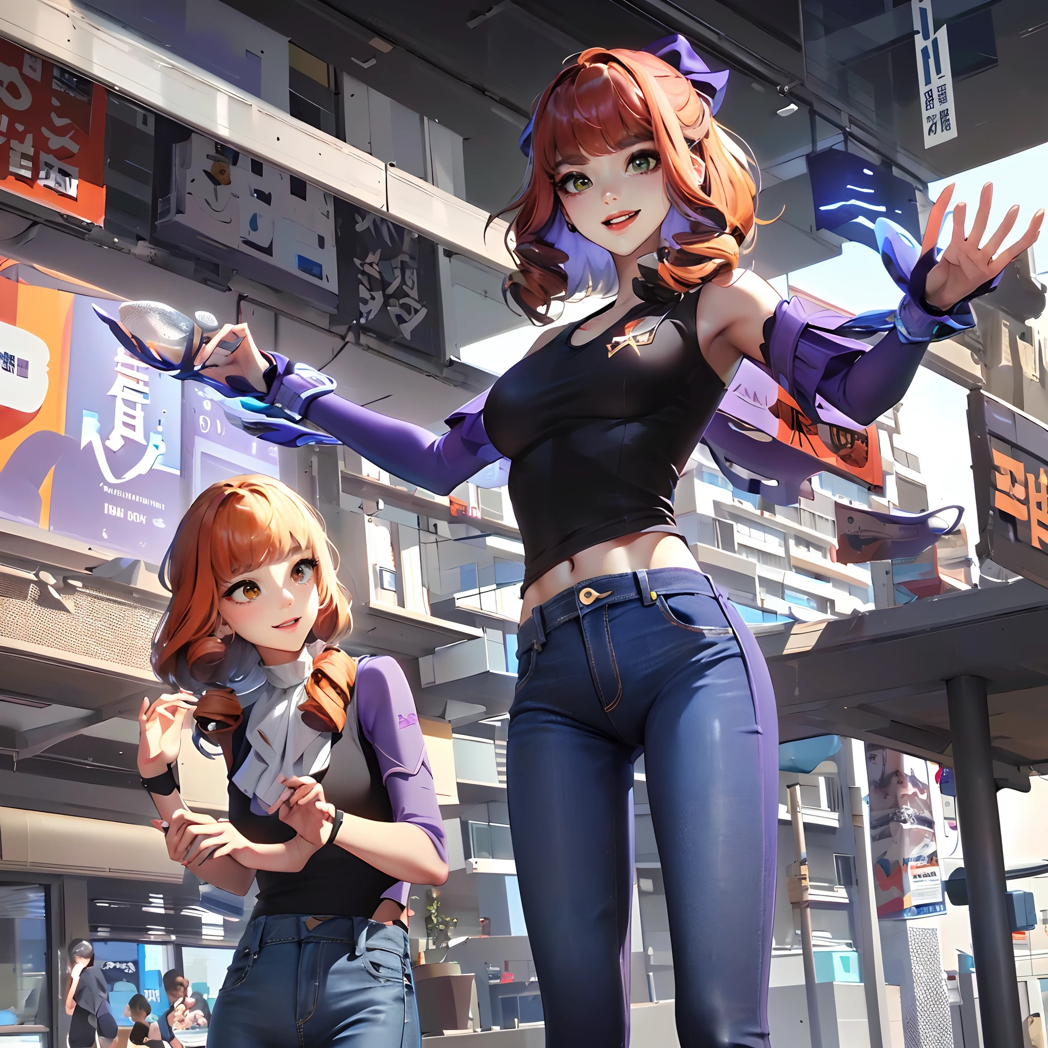 ((巨作,Best Quality)), absurdres,
Jennifer_Find, Purple T-shirt, Denim jeans, 
独奏, Smileing, looking at the scenes, 
Modern City, cinematic composition, dynamic pose,