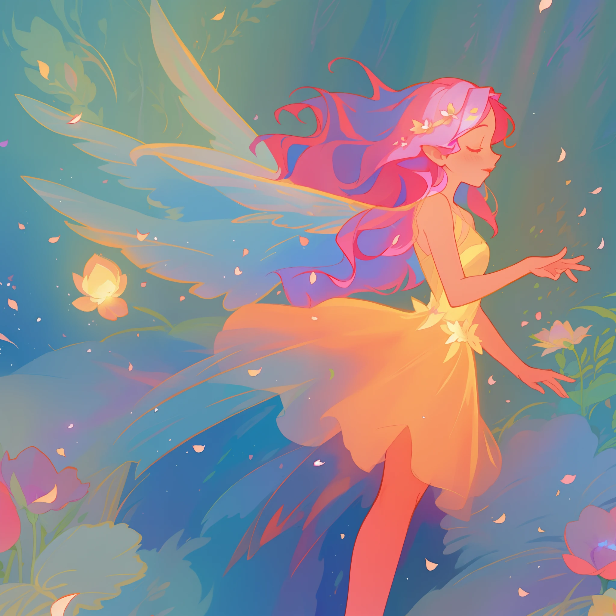 beautiful girl in tiered gradient ballgown dress, gradient colorful dress, ((layered flower petal skirt)), fairy dress, fairy queen, magical forest background, (glowing fairy wings), glowing flowing ballgown, long wavy hair, sparkling fairy wings, watercolor illustration, flowers and colorful plants, inspired by Glen Keane, inspired by Lois van Baarle, disney art style, by Lois van Baarle, glowing aura around her, by Glen Keane, jen bartel, glowing lights! digital painting, flowing glowing hair, glowing flowing hair, beautiful digital illustration, fantasia otherworldly landscape plants flowers, beautiful, masterpiece, best quality, anime disney style