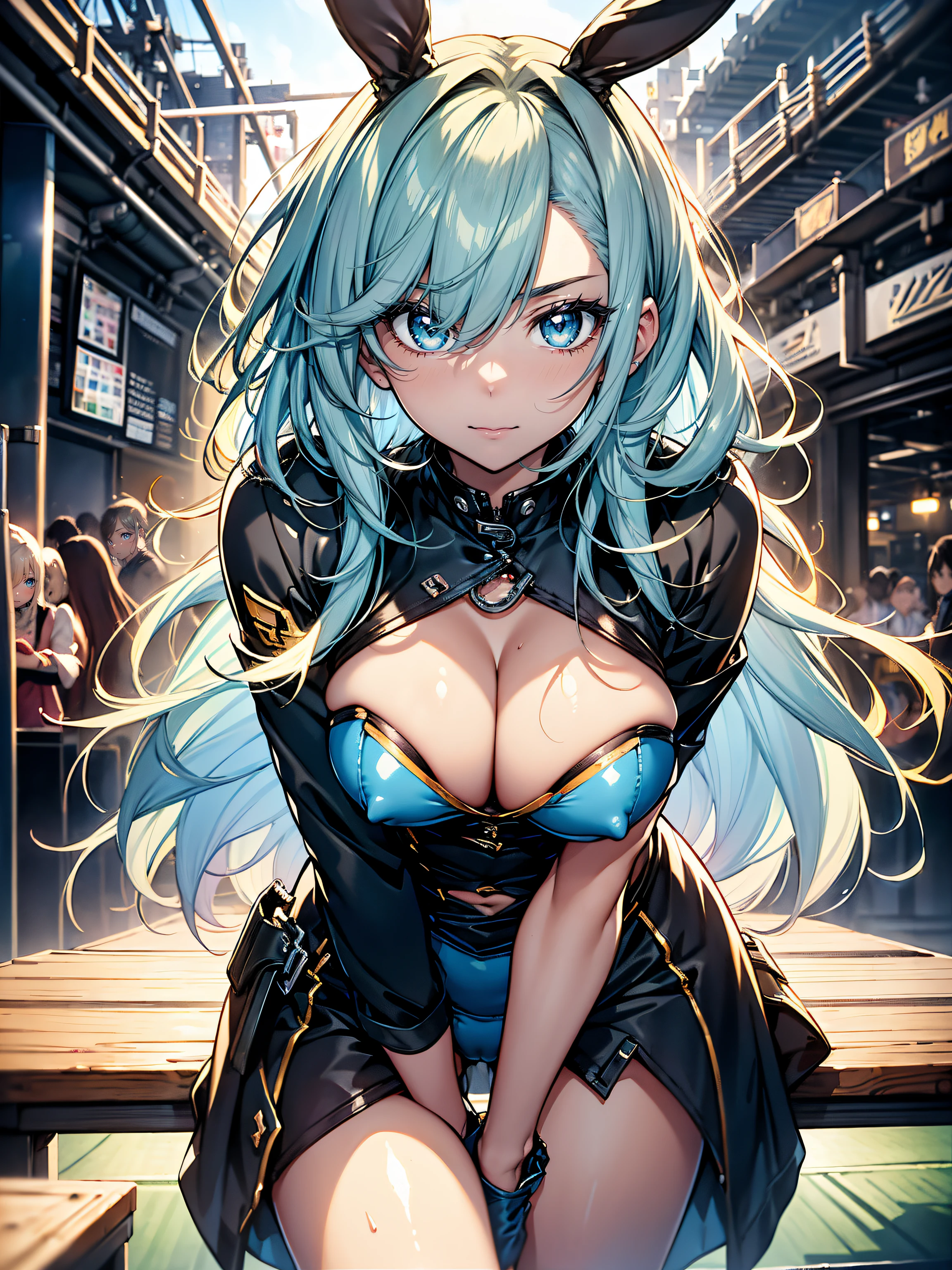 (({bunny girl:1.3)),hiquality, hight resolution, ultra-detailliert, high-level image quality, hightquality, anime illustrated, (finely detailed beautiful eye: 1.2), Detailed eye depiction, (finely detailed eyes and detailed face:1.3), (extremely details CG, Best Shadow:1.1), Depth of field and blur, (Perfect Detail: 1.1) , digitial illustration, Enamel Art, Center, Watercolor painting, art stations, concept-art, character sheets, Lightning Wave, beautiful anime watercolors, Vibrant colors, Sharp Focus, art by:hyung tae kim, Fine detail, intricate detailes, Curvaceous body, Detailed eye depiction, Vibrant colors,((Nervous look before riding a roller coaster))
