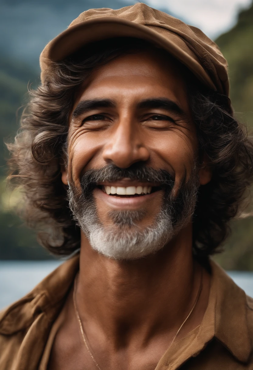 Crie uma arte no estilo pixar de um jovem, homem brasileiro de pele clara na casa dos 40 anos, com cabelo curto preto ondulado, um pouco arredondado, rosto sem barba, Small eyes and a happy expression, He's on a boat fishing with a fishing rod