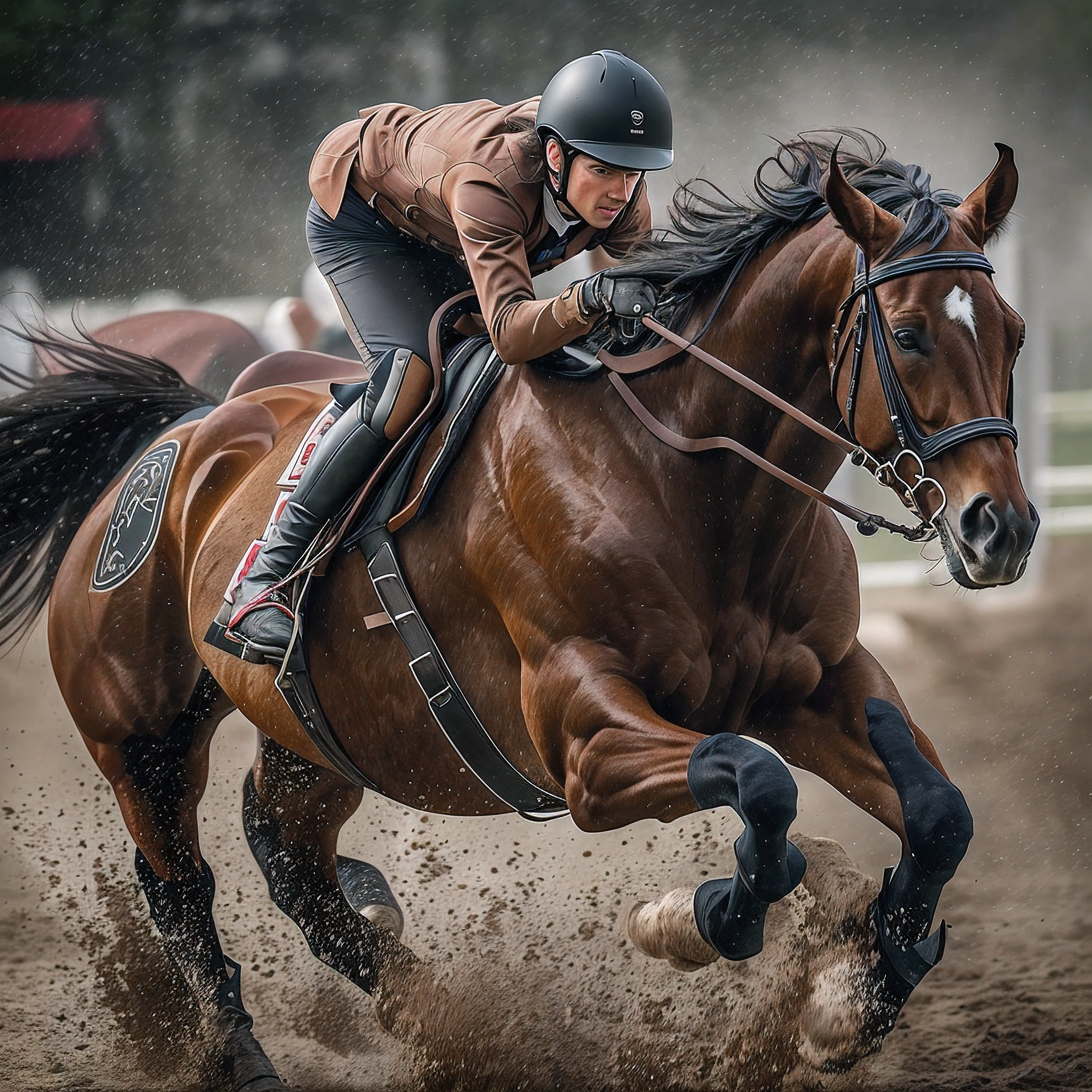 «»An award-winning photograph of a rider in action, capturing the intense moment as you ride your horse with determination. The focus of the image is on the pilot's face, revealing his unwavering concentration and passion for horseback riding. La mujer lleva un casco ecuestre profesional y un atuendo, Ensure safety and functionality during the action-packed ride. His expression reflects a deep connection with his horse., as they work in harmony to navigate the challenging course. El caballo, A powerful and energetic companion, Shows off your agility and strength as you maneuver gracefully through the course. The image is taken from a dynamic angle, emphasizing the excitement of the ride and increasing the overall sense of movement. Lighting is carefully balanced, highlighting the features of the rider and the magnificent coat of the horse. Resolution is set at an impressive 8K, permitiendo detalles impresionantes y claridad. Tipo de imagen: Realistic photography Theme description: Close-up of a rider's face in action while riding her horse Art Styles: None specified Artistic inspirations: Winning horse photography from prestigious equestrian competitions Type of camera shot: Close-up Camera Lens: 135mm Camera View: Front view Lighting: Studio lighting for optimal clarity and definition Resolution: 8K Estilo de renderizado: Ninguno especificado
