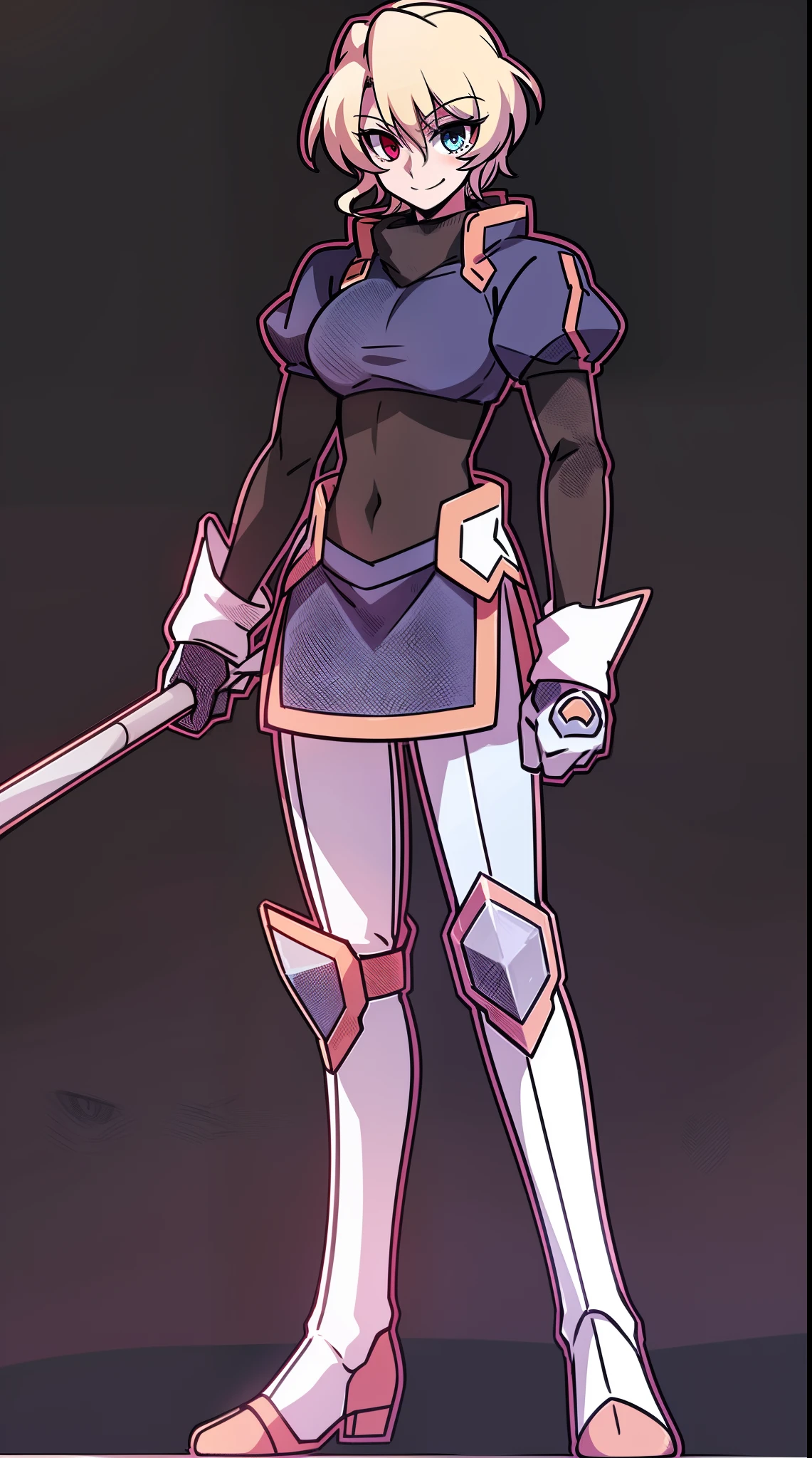 aleardef, heterochromia, gloves, long sleeves, full body, standing, smile,staff holding