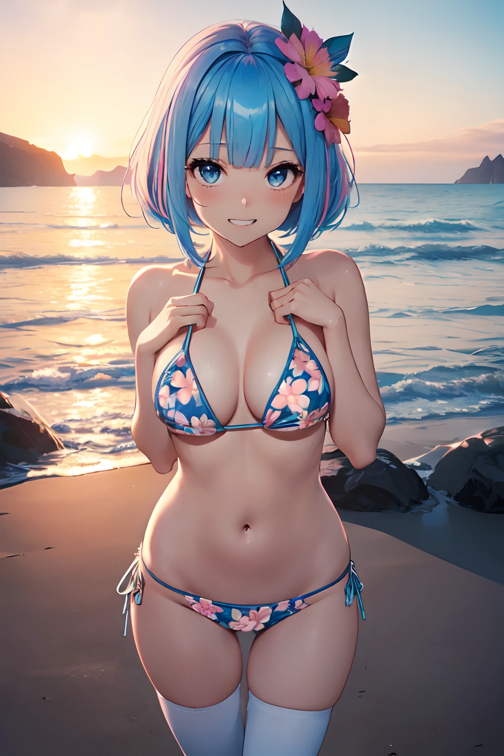 Illustration of a cute model girl, (Anime style:1.2), masutepiece, Best Quality, ultra-detailliert, 4K, absurderes, hight resolution,(((masutepiece, Best Quality)))((masutepiece:1.5)), (Best High Quality, 超A high resolution, The ultra -The high-definition, 4K:1.3),(((Perfect hands, Perfect fingers, Perfect legs))),1womanl, Looking at Viewer ,Full body shot, 20 years old, ((Light blue eyes)),((Round eyes)), Sweat, White skin, (((skinny))), Sweat,((Shiny body, Shiny skin,)), (((masutepiece, Best Quality)))((masutepiece:1.5)), (Best High Quality, 超A high resolution, The ultra -The high-definition, 4K:1.3), (((Blunt bangs:1.3))), (((Pink bob hair))), (((blue colored inner hair:1.3))),(((blue streaked hair:1.3))), ((Blue eyes)), ((White skin)),((((Shiny body, Shiny skin,)))), ((Shiny body, Shiny skin, Big breasts)),(Colossal tits:1.2),the pose , Cute girl illustration, Anime style, (High color contrast:1.2), masutepiece, Best Quality, ultra-detailliert, absurderes, hight resolution, BREAK,
1girl in,modeled. Solo, (Early 20s, Lori face:1.6), Dense, Huge green eyes,, shiny eyes, ((Show your teeth and smile:1.5)), long twintail, medium breasts, Curve, ((Blue butterfly hair ornament)),BREAK,
, (((floral micro bikini:1.4))),(slingshot),bobhair, (((zettai_ryouiki))),((high leg shorts)),BREAK,
plein air, Sunset beach, Horizon, Beautiful sunset sky, Back Light, stop motion, BREAK,
(From below), (Chest close-up:1.4), Twin-tailed, BREAK,