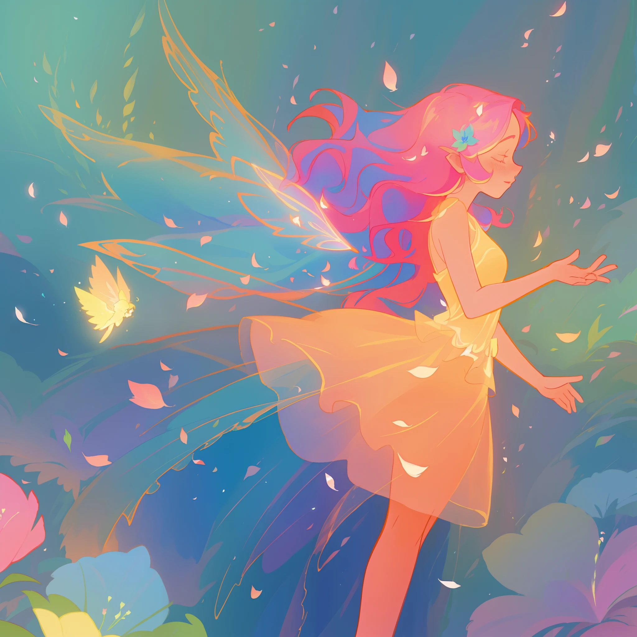 beautiful girl in tiered gradient ballgown dress, gradient colorful dress, ((layered flower petal skirt)), fairy dress, fairy queen, magical forest background, (glowing fairy wings), glowing flowing ballgown, long wavy hair, sparkling fairy wings, watercolor illustration, flowers and colorful plants, inspired by Glen Keane, inspired by Lois van Baarle, disney art style, by Lois van Baarle, glowing aura around her, by Glen Keane, jen bartel, glowing lights! digital painting, flowing glowing hair, glowing flowing hair, beautiful digital illustration, fantasia otherworldly landscape plants flowers, beautiful, masterpiece, best quality, anime disney style