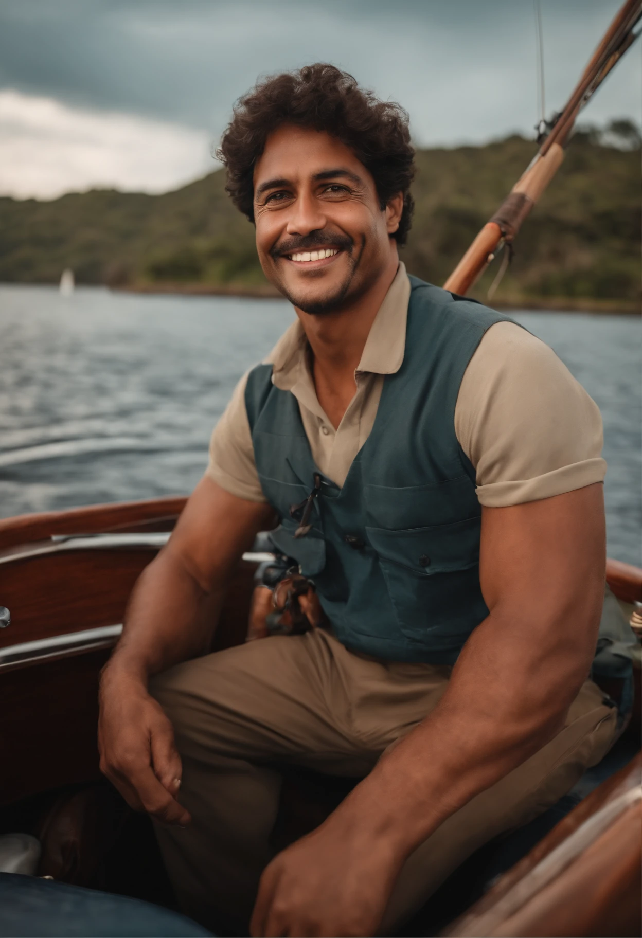 Crie uma arte no estilo pixar de um jovem, homem brasileiro de pele clara na casa dos 40 anos, com cabelo curto preto ondulado, um pouco arredondado, rosto sem barba, Small eyes and a happy expression, He's on a boat fishing with a fishing rod