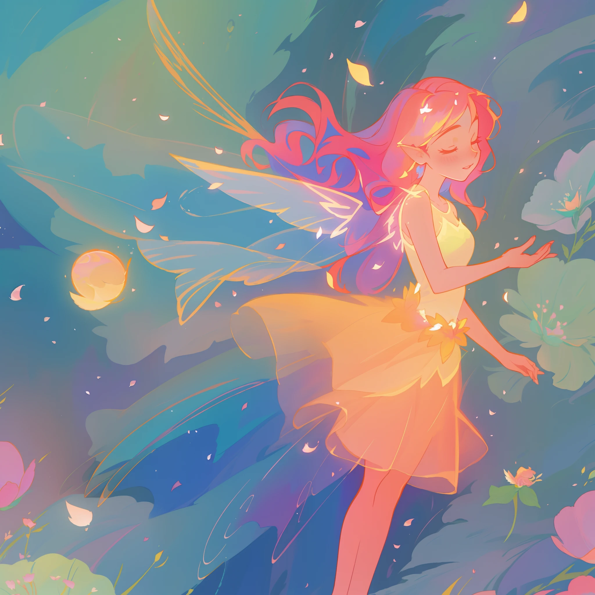 beautiful girl in tiered gradient ballgown dress, gradient colorful dress, ((layered flower petal skirt)), fairy dress, fairy queen, magical forest background, (glowing fairy wings), glowing flowing ballgown, long wavy hair, sparkling fairy wings, watercolor illustration, flowers and colorful plants, inspired by Glen Keane, inspired by Lois van Baarle, disney art style, by Lois van Baarle, glowing aura around her, by Glen Keane, jen bartel, glowing lights! digital painting, flowing glowing hair, glowing flowing hair, beautiful digital illustration, fantasia otherworldly landscape plants flowers, beautiful, masterpiece, best quality, anime disney style