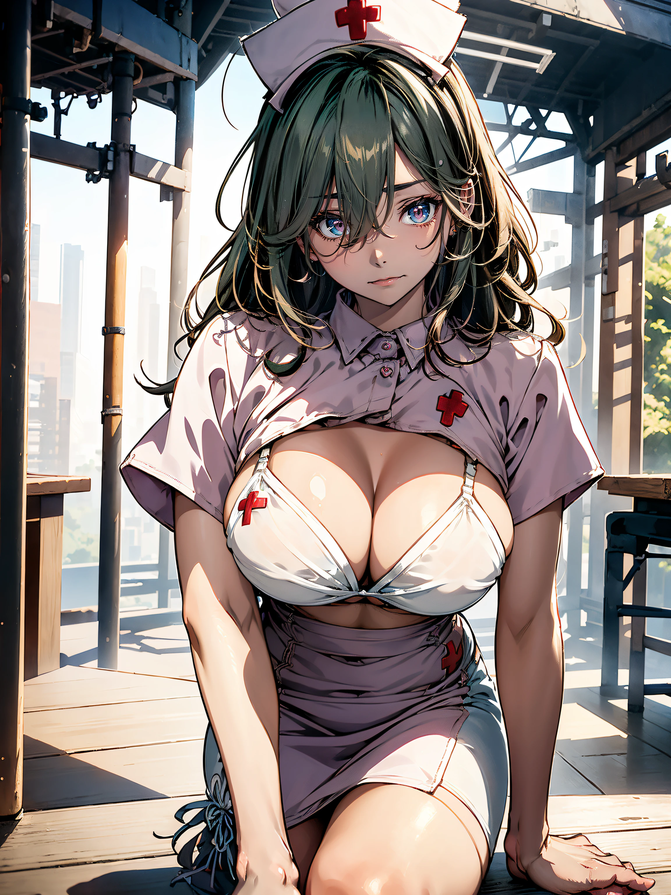 ((nurse:1.3)),hiquality, hight resolution, ultra-detailliert, high-level image quality, hightquality, anime illustrated, (finely detailed beautiful eye: 1.2), Detailed eye depiction, (finely detailed eyes and detailed face:1.3), (extremely details CG, Best Shadow:1.1), Depth of field and blur, (Perfect Detail: 1.1) , digitial illustration, Enamel Art, Center, Watercolor painting, art stations, concept-art, character sheets, Lightning Wave, beautiful anime watercolors, Vibrant colors, Sharp Focus, art by:hyung tae kim, Fine detail, intricate detailes, Curvaceous body, Detailed eye depiction, Vibrant colors,((Nervous look before riding a roller coaster))