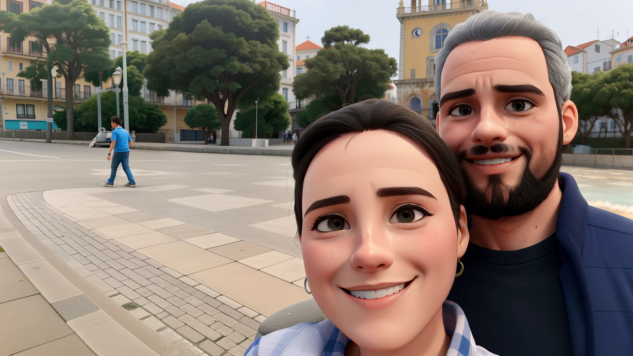 Um casal apaixonado em Lisboa com o Rio Tejo ao fundo