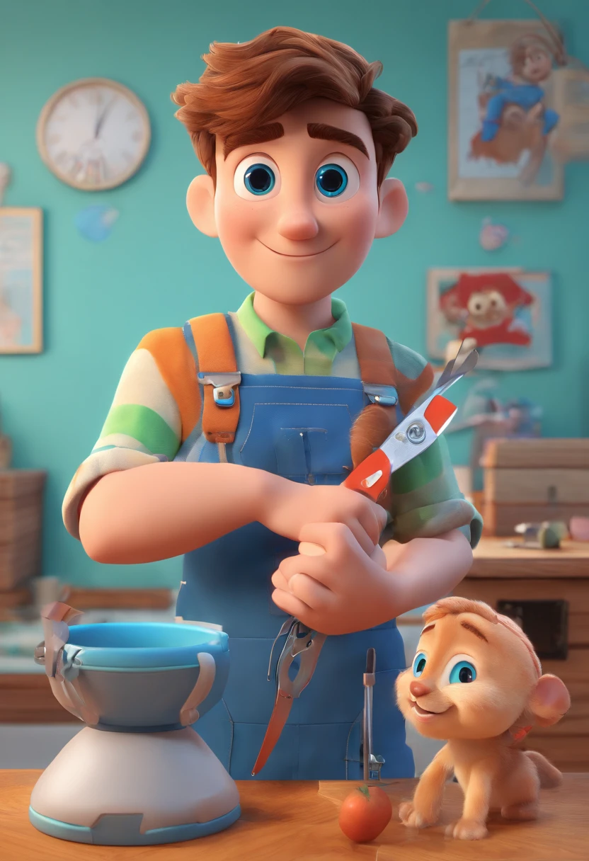 Estilo Pixar: The grown man is holding a naked blue-eyed boy and in his other hand he is holding a pair of scissors and is trying to cut off the boy's testicles,3D Poster,Disney