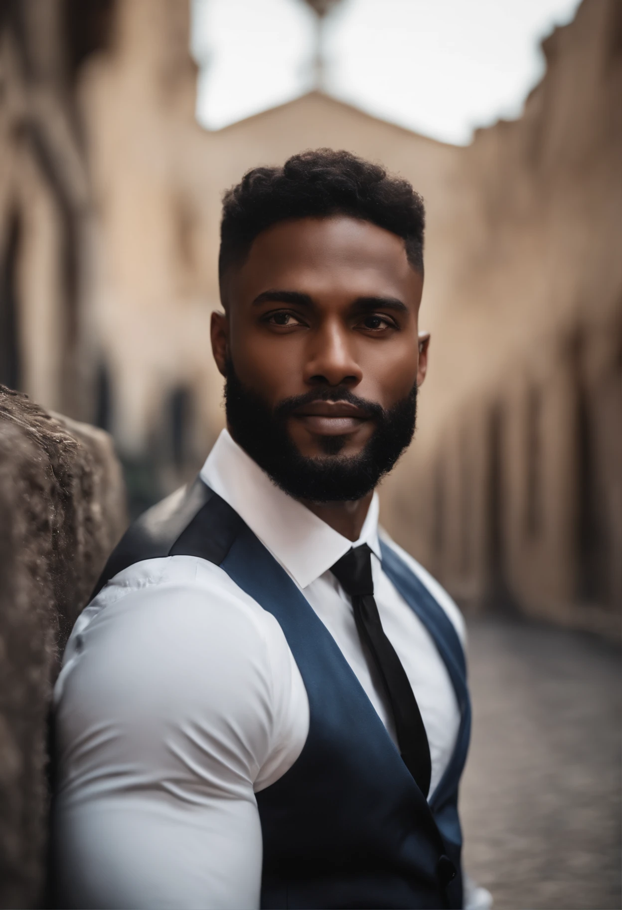 Acima、Make a handsome 30-year-old black man in front of the camera, (Use barba,) Attractive and serious look, cabelo preto curto, elegante e elegante, Shave well fitted on suit and strong body, (alta qualidade, imagens realistas), Preto escuro e claro no fundo da imagem, Estilo de filme, ((Qualidade Premier, 8k, tmasterpiece), Ultra High Definition Photo, (lindos rostos detalhados, textura da pele do detalhe, Corpo hiperdetalhado:1.1)