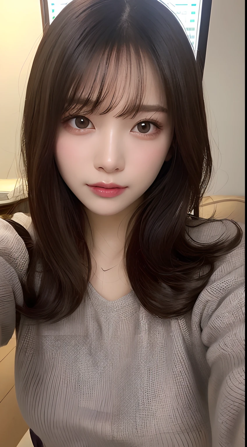 masutepiece, Best Quality, Illustration, Ultra-detailed, finely detail, hight resolution, 8K Wallpaper, Perfect dynamic composition, Beautiful detailed eyes,small tits、Natural Color Lip, Randomly sexy poses,20 years girl、Cute、is looking at the camera, Sexy face,Face feeling ecstasy,Face at the peak of sexual arousal,Wear a sweater dress,Close-up of your face,Take a selfie