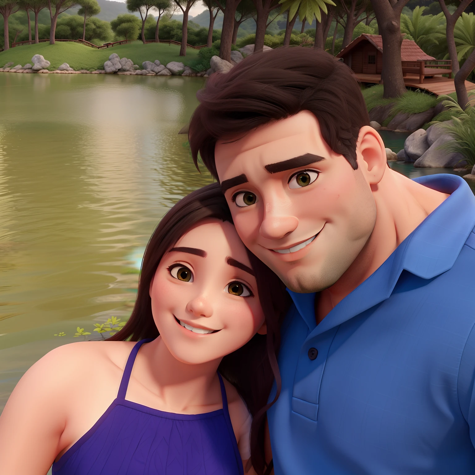 Um casal na natureza com o lago ao fundo.