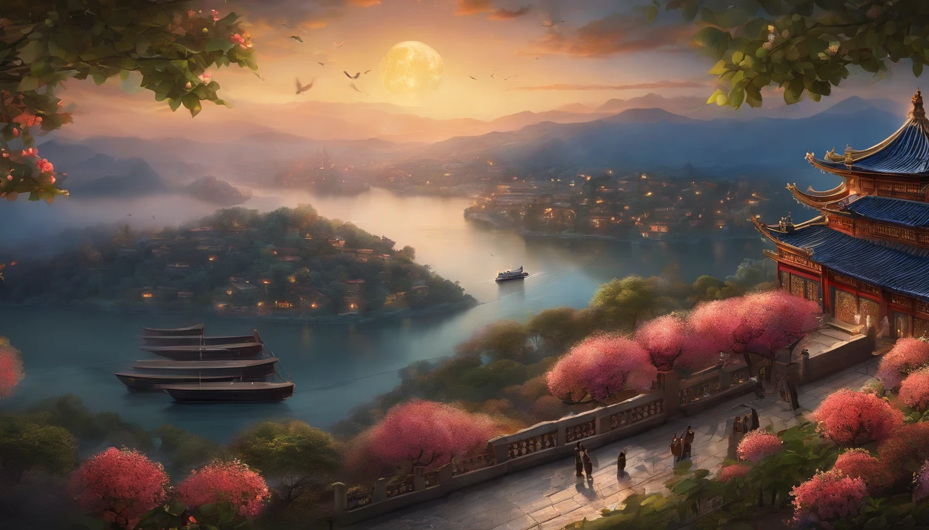 paint (strokes)+, atmosphere, intricate, clouds, aspect ratio 1:1, raytracing, Bokeh, smooth, (colorful), (detailed complex busy background: 0.8), hydrangea, repair drones, (night:1.4), Sharp Eyeliner, intricate details, hand on Chinese sword, beautiful, flat illustration, scenery, detail love, (ultra-detailed), day, photon mapping, ((intricate details)), ship wake, (The Peach Tree), crowd,
