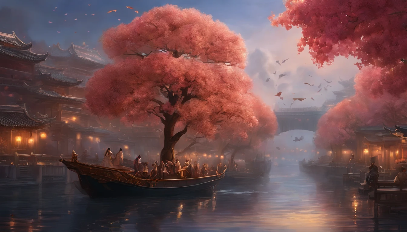 paint (strokes)+, atmosphere, intricate, clouds, aspect ratio 1:1, raytracing, Bokeh, smooth, (colorful), (detailed complex busy background: 0.8), hydrangea, repair drones, (night:1.4), Sharp Eyeliner, intricate details, hand on Chinese sword, beautiful, flat illustration, scenery, detail love, (ultra-detailed), day, photon mapping, ((intricate details)), ship wake, (The Peach Tree), crowd,