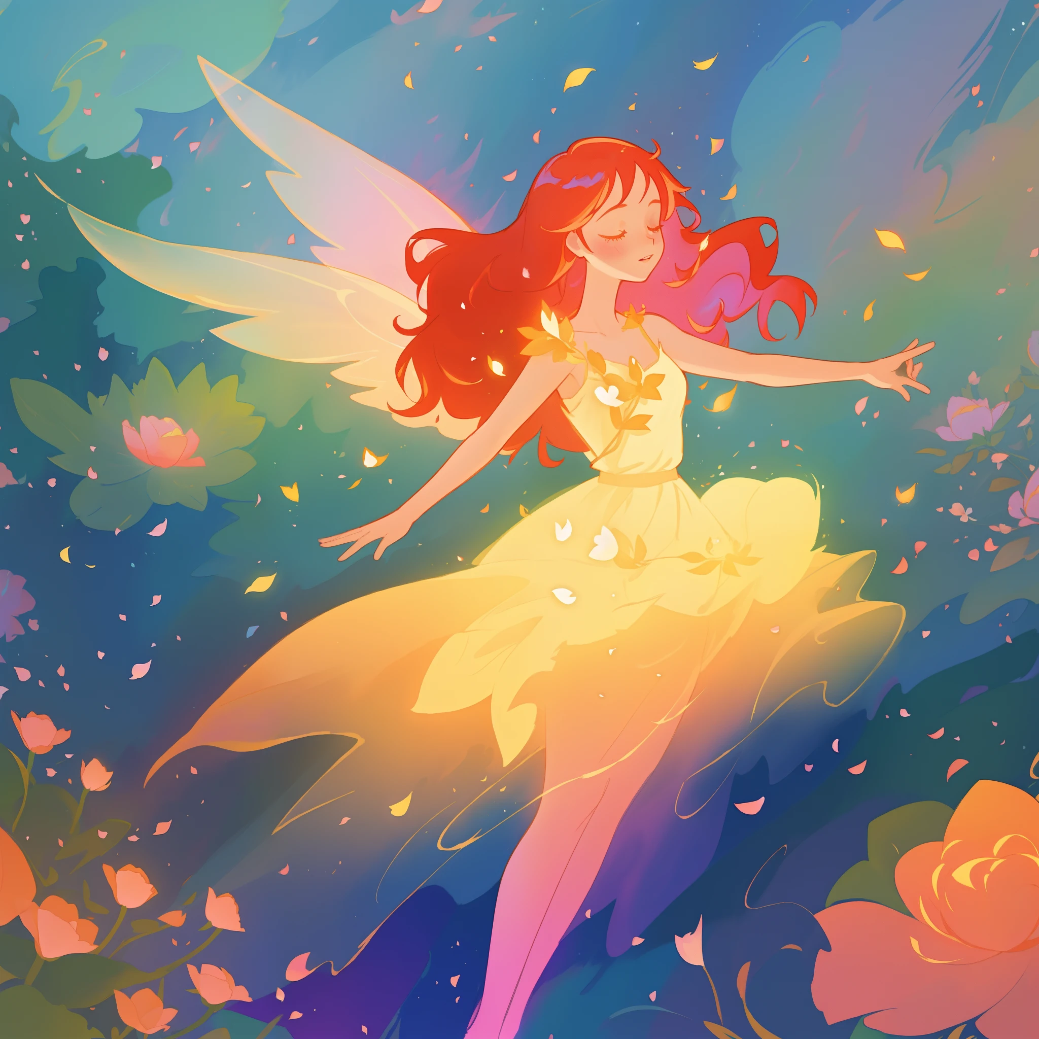 beautiful girl in golden puffy flowing dress, ((layered flower petal skirt)), fairy dress, fairy queen, colorful magical forest background, (glowing fairy wings), glowing flowing ballgown, long wavy red hair, sparkling fairy wings, watercolor illustration, flowers and colorful plants, inspired by Glen Keane, inspired by Lois van Baarle, disney art style, by Lois van Baarle, glowing aura around her, by Glen Keane, jen bartel, glowing lights! digital painting, flowing glowing hair, glowing flowing hair, beautiful digital illustration, fantasia otherworldly landscape plants flowers, beautiful, masterpiece, best quality, anime disney style