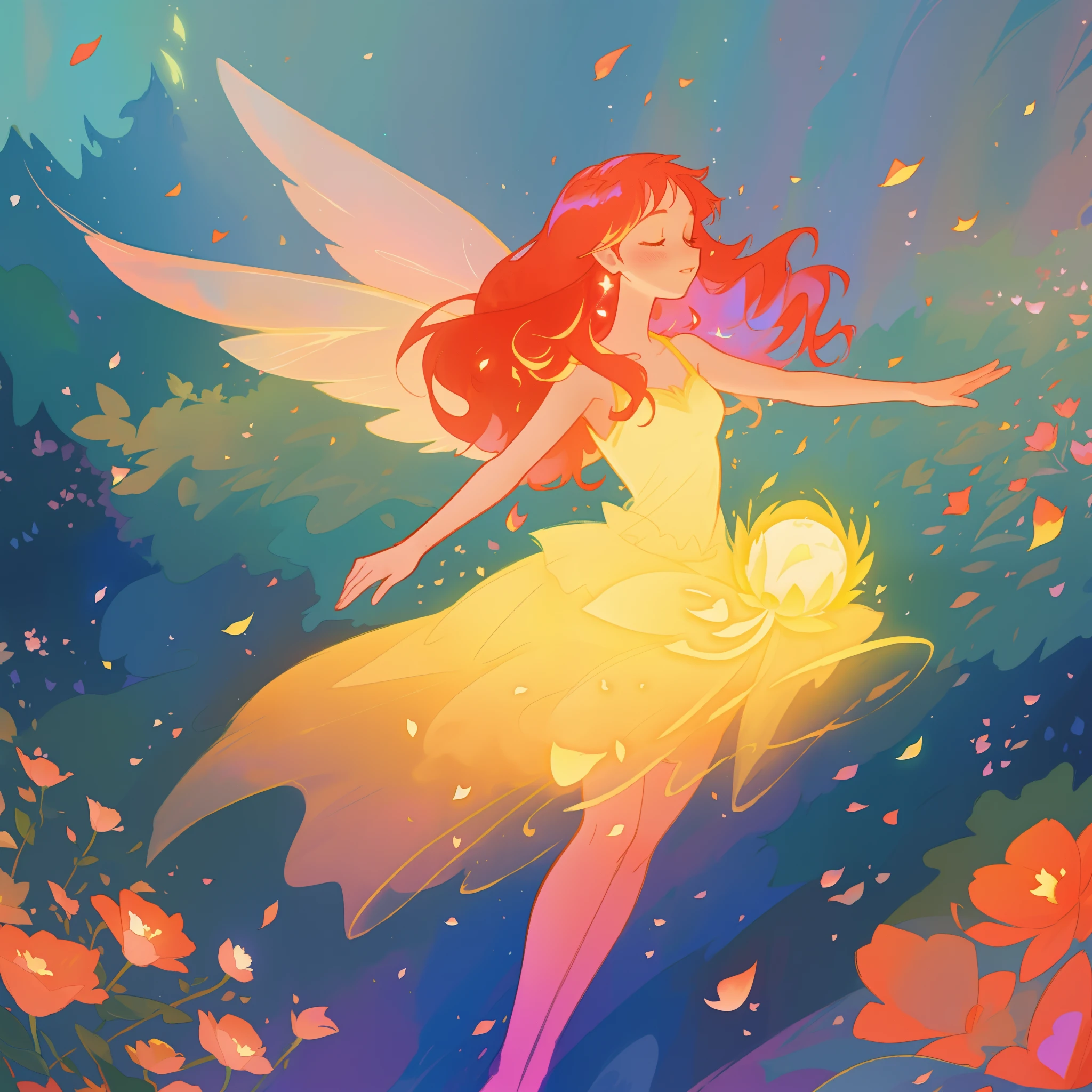 beautiful girl in golden puffy flowing dress, ((layered flower petal skirt)), fairy dress, fairy queen, colorful magical forest background, (glowing fairy wings), glowing flowing ballgown, long wavy red hair, sparkling fairy wings, watercolor illustration, flowers and colorful plants, inspired by Glen Keane, inspired by Lois van Baarle, disney art style, by Lois van Baarle, glowing aura around her, by Glen Keane, jen bartel, glowing lights! digital painting, flowing glowing hair, glowing flowing hair, beautiful digital illustration, fantasia otherworldly landscape plants flowers, beautiful, masterpiece, best quality, anime disney style