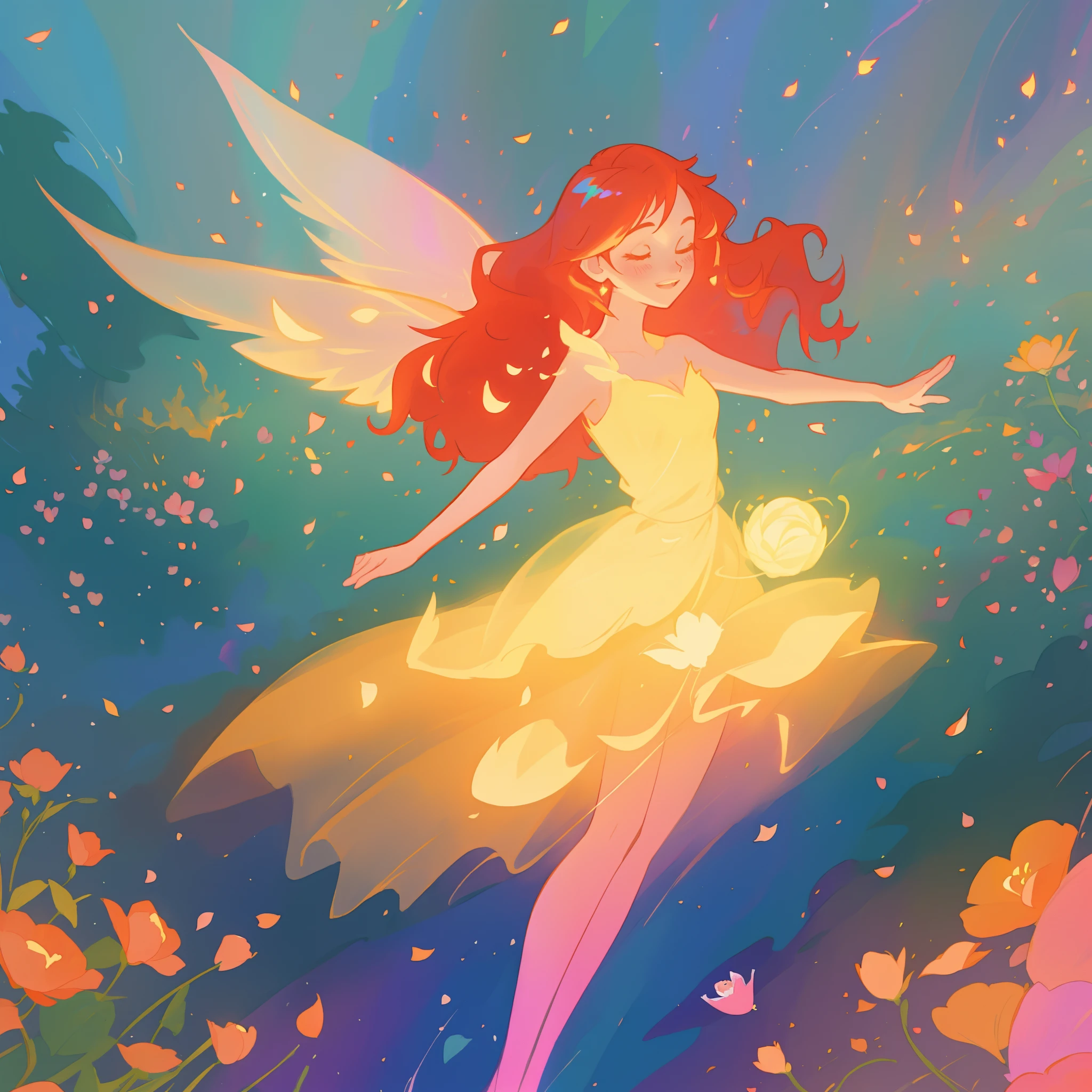 beautiful girl in golden puffy flowing dress, ((layered flower petal skirt)), fairy dress, fairy queen, colorful magical forest background, (glowing fairy wings), glowing flowing ballgown, long wavy red hair, sparkling fairy wings, watercolor illustration, flowers and colorful plants, inspired by Glen Keane, inspired by Lois van Baarle, disney art style, by Lois van Baarle, glowing aura around her, by Glen Keane, jen bartel, glowing lights! digital painting, flowing glowing hair, glowing flowing hair, beautiful digital illustration, fantasia otherworldly landscape plants flowers, beautiful, masterpiece, best quality, anime disney style