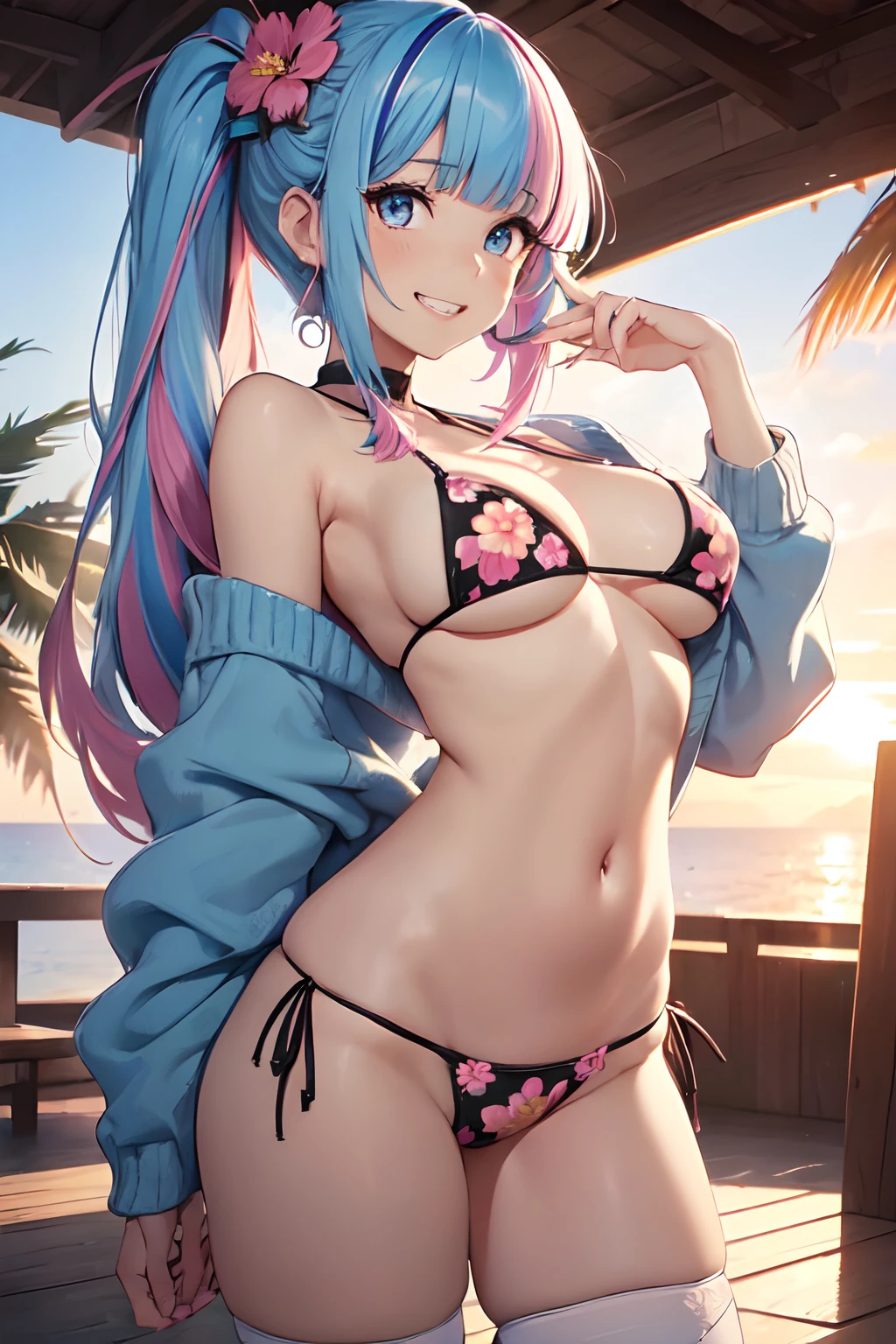 Illustration of a cute model girl, (Anime style:1.2), masutepiece, Best Quality, ultra-detailliert, 4K, absurderes, hight resolution,(((masutepiece, Best Quality)))((masutepiece:1.5)), (Best High Quality, 超A high resolution, The ultra -The high-definition, 4K:1.3),(((Perfect hands, Perfect fingers, Perfect legs))),1womanl, Looking at Viewer ,Full body shot, 20 years old, ((Light blue eyes)),((Round eyes)), Sweat, White skin, (((skinny))), Sweat,((Shiny body, Shiny skin,)), (((masutepiece, Best Quality)))((masutepiece:1.5)), (Best High Quality, 超A high resolution, The ultra -The high-definition, 4K:1.3), (((Blunt bangs:1.3))), (((Pink bob hair))), (((blue colored inner hair:1.3))),(((blue streaked hair:1.3))), ((Blue eyes)), ((White skin)),((((Shiny body, Shiny skin,)))), ((Shiny body, Shiny skin, Big breasts)),(Colossal tits:1.6),the pose , Cute girl illustration, Anime style, (High color contrast:1.2), masutepiece, Best Quality, ultra-detailliert, absurderes, hight resolution, BREAK,
1girl in,modeled. Solo, (Early 20s, Lori face:1.6), Dense, Huge green eyes,, shiny eyes, ((Show your teeth and smile:1.5)), long twintail, (Lower breast),Big breasts, Curve, ((Blue butterfly hair ornament)),BREAK,
, (Very tight micro bikini with floral pattern:1.7),(slingshot),bobhair, (((zettai_ryouiki))),((high leg shorts)),BREAK,
plein air, Sunset beach, Horizon, Beautiful sunset sky, Back Light, stop motion, BREAK,
(From below), (Chest close-up:1.4), Twin-tailed, BREAK,