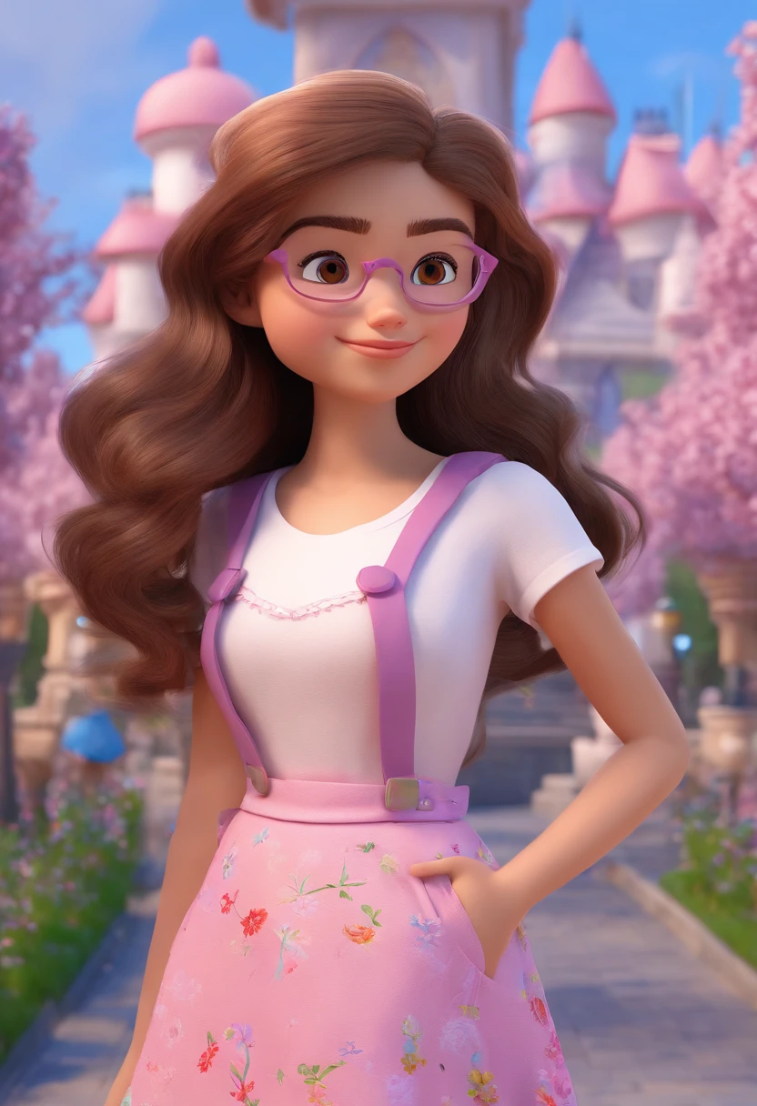 Disney Pixar's best quality
Girl walking in flower park in pink lilac glasses
Long hair medium wavy skin like café au lait , Olho castanho, Not too big eye
A beautiful white t-shirt on top and on the bottom a full blue skirt made full of colorful details