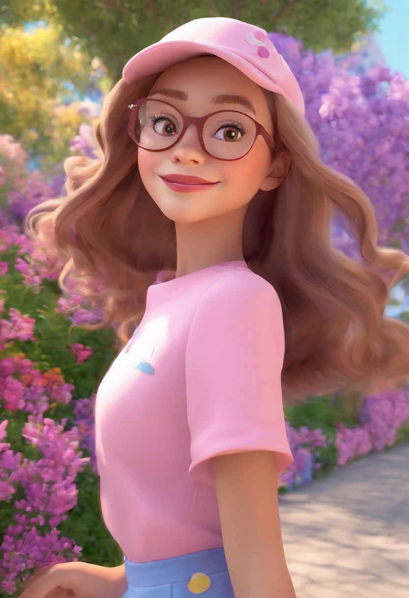 Disney Pixar's best quality
Girl walking in flower park in pink lilac glasses
Long hair medium wavy skin like café au lait , Olho castanho, Not too big eye
A beautiful white t-shirt on top and on the bottom a full blue skirt made full of colorful details