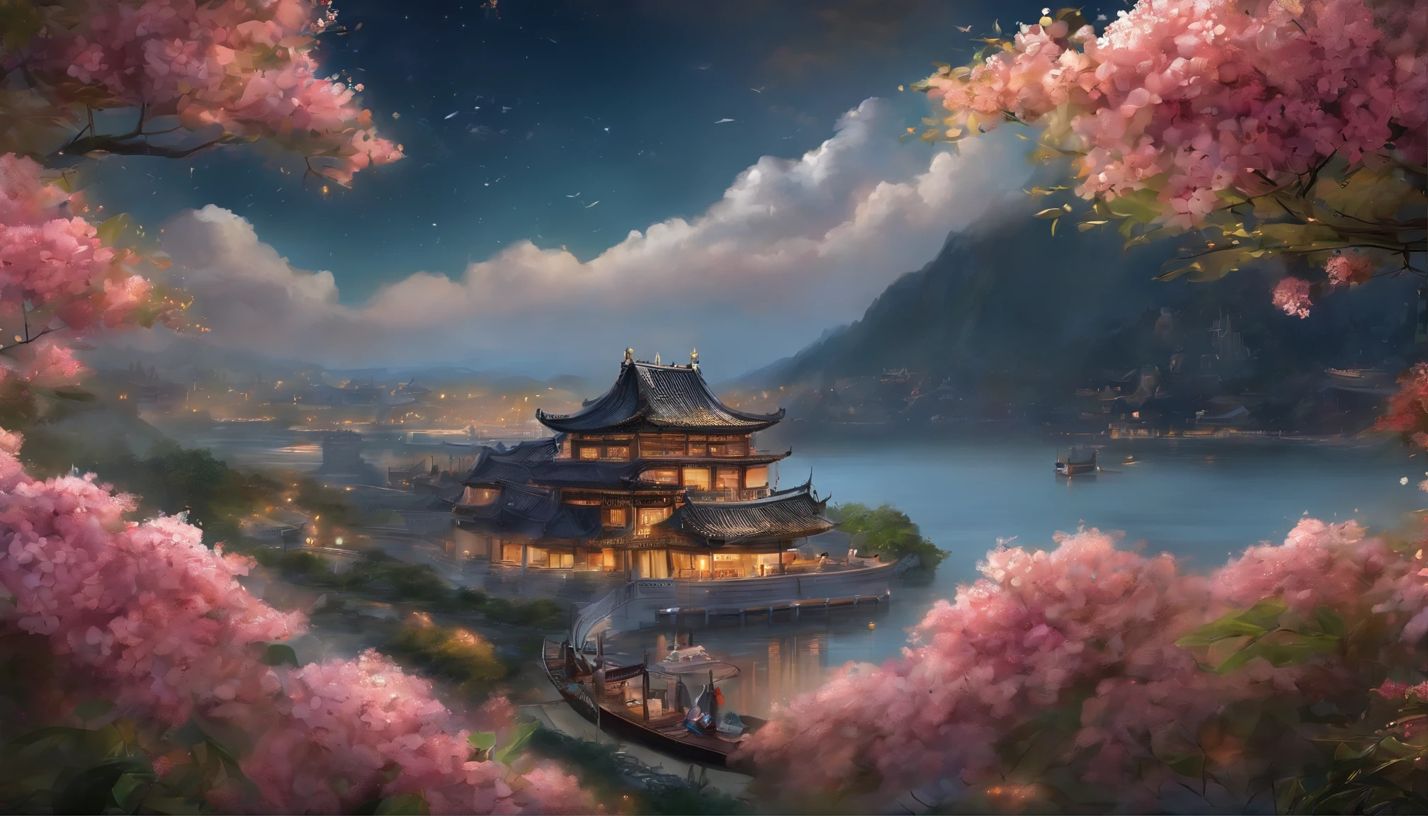 paint (strokes)+, atmosphere, intricate, clouds, aspect ratio 1:1, raytracing, Bokeh, smooth, (colorful), (detailed complex busy background: 0.8), hydrangea, repair drones, (night:1.4), Sharp Eyeliner, intricate details, hand on Chinese sword, beautiful, flat illustration, scenery, detail love, (ultra-detailed), day, photon mapping, ((intricate details)), ship wake, (The Peach Tree), crowd,