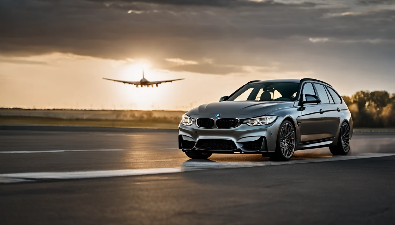 BMW F31 M3 touring, parked in the center of a runway, golden hour, overcast, light rays, raytracing, realism, crystal clear image, intricate details, 200mm f2, detailed asphalt, realistic cracks in asphalt, plane flying over the car