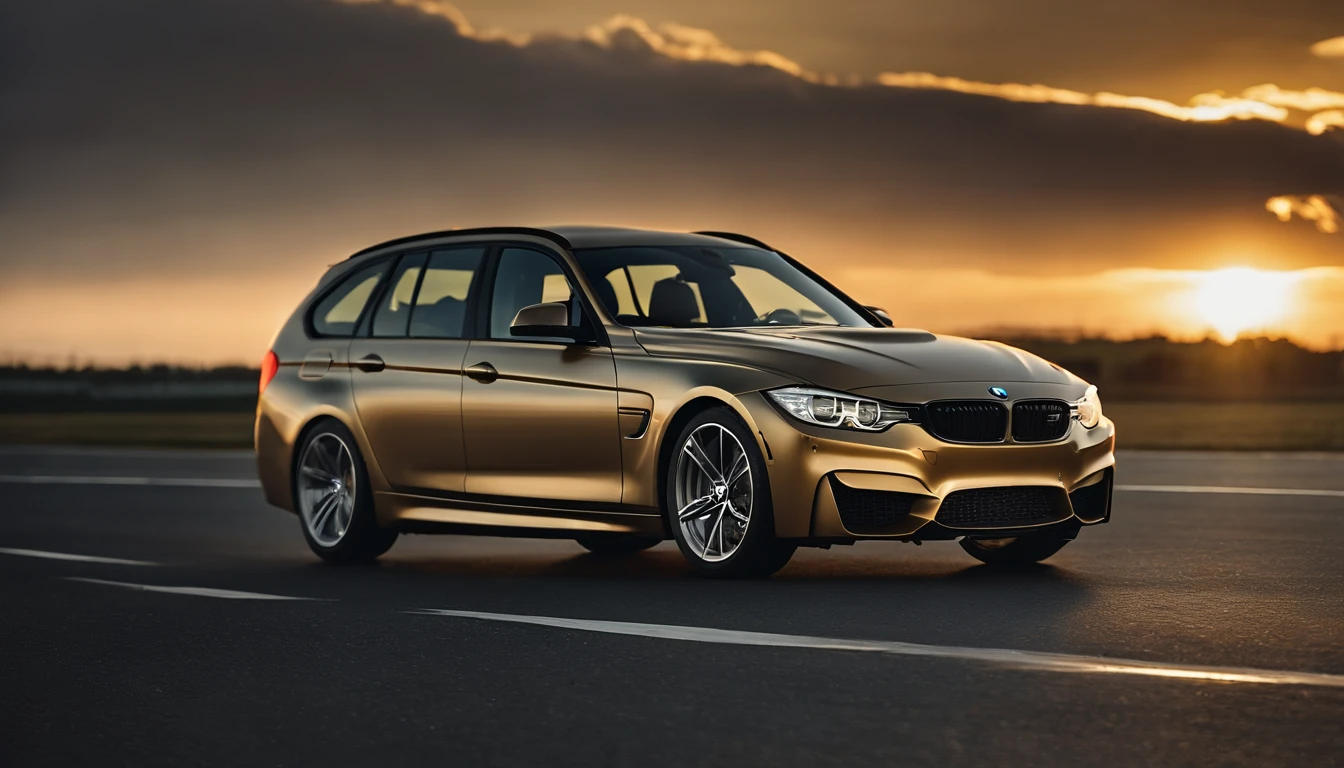 BMW F31 M3 touring, parked in the center of a runway, golden hour, overcast, light rays, raytracing, realism, crystal clear image, intricate details, 200mm f2, detailed asphalt, realistic cracks in asphalt, plane flying over the car