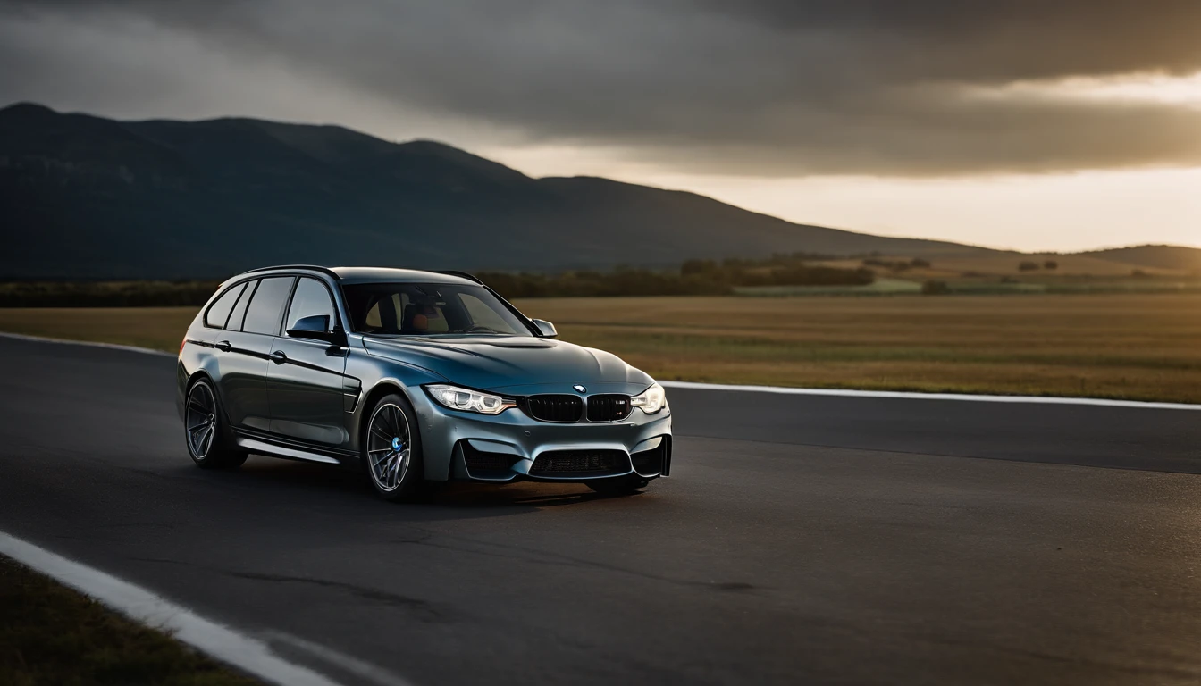 BMW F31 M3 touring, parked in the center of a runway, golden hour, overcast, light rays, raytracing, realism, crystal clear image, intricate details, 200mm f2, detailed asphalt, realistic cracks in asphalt, plane flying over the car