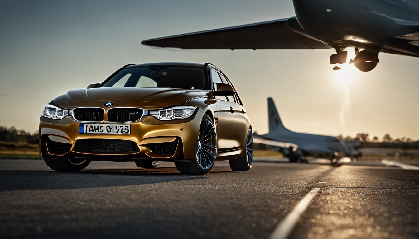 BMW F31 M3 touring, parked in the center of a runway, golden hour, overcast, light rays, raytracing, realism, crystal clear image, intricate details, 200mm f2, detailed asphalt, realistic cracks in asphalt, plane flying over the car