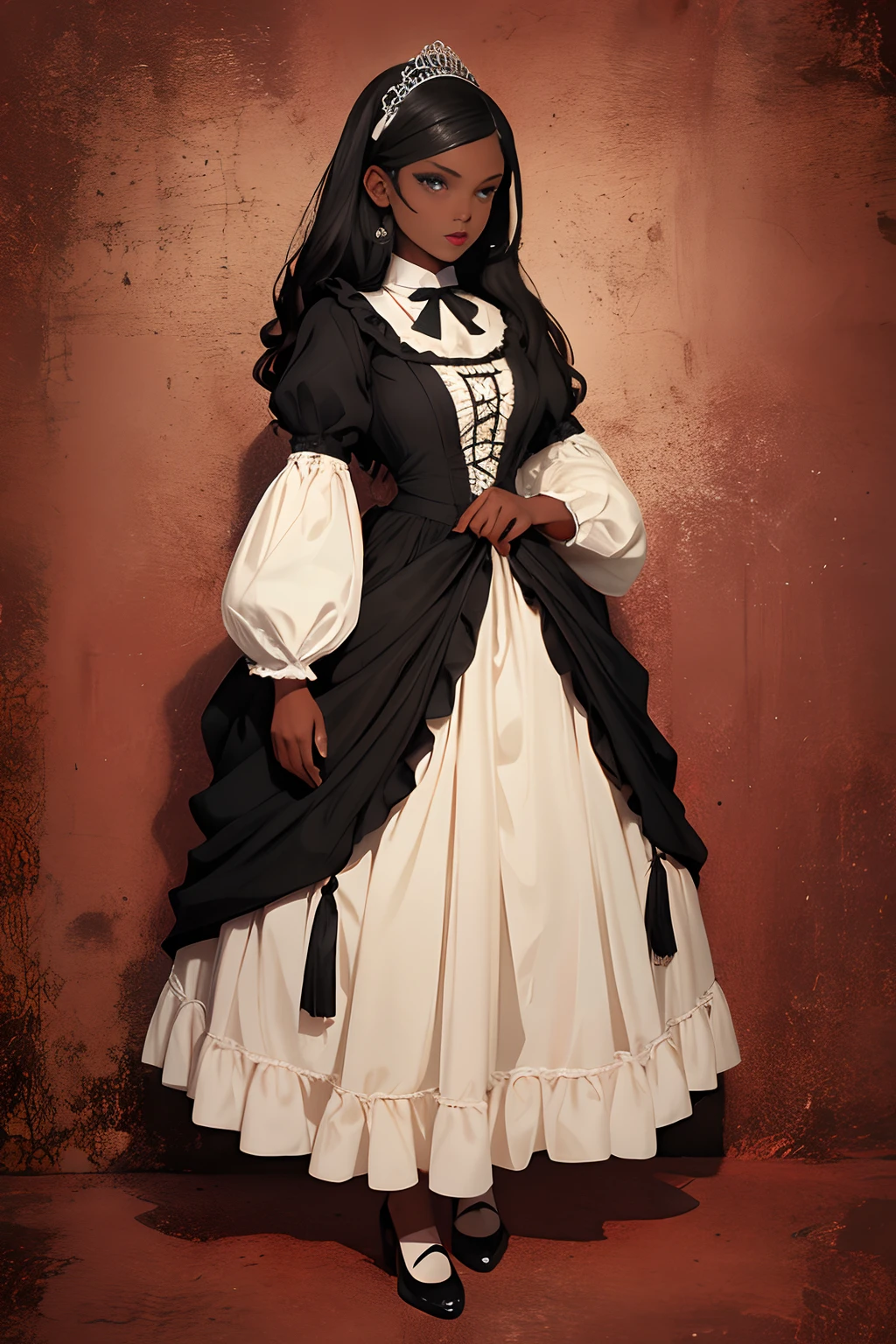 A girl, 1girl, dark skin, full body, vintage horror, 1940s, gothic, vintage, royal clothing, anime style, (clear background:1.0)