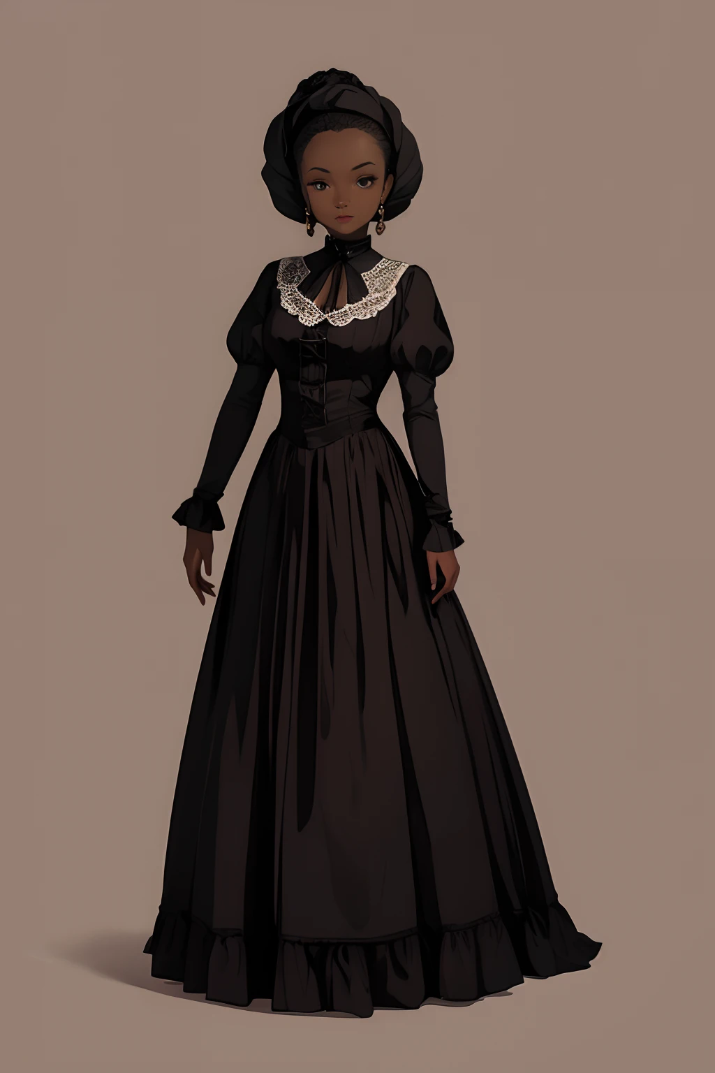 A girl, 1girl, dark skin, full body, vintage horror, 1940s, gothic, vintage, royal clothing, anime style, (clear background:1.0)