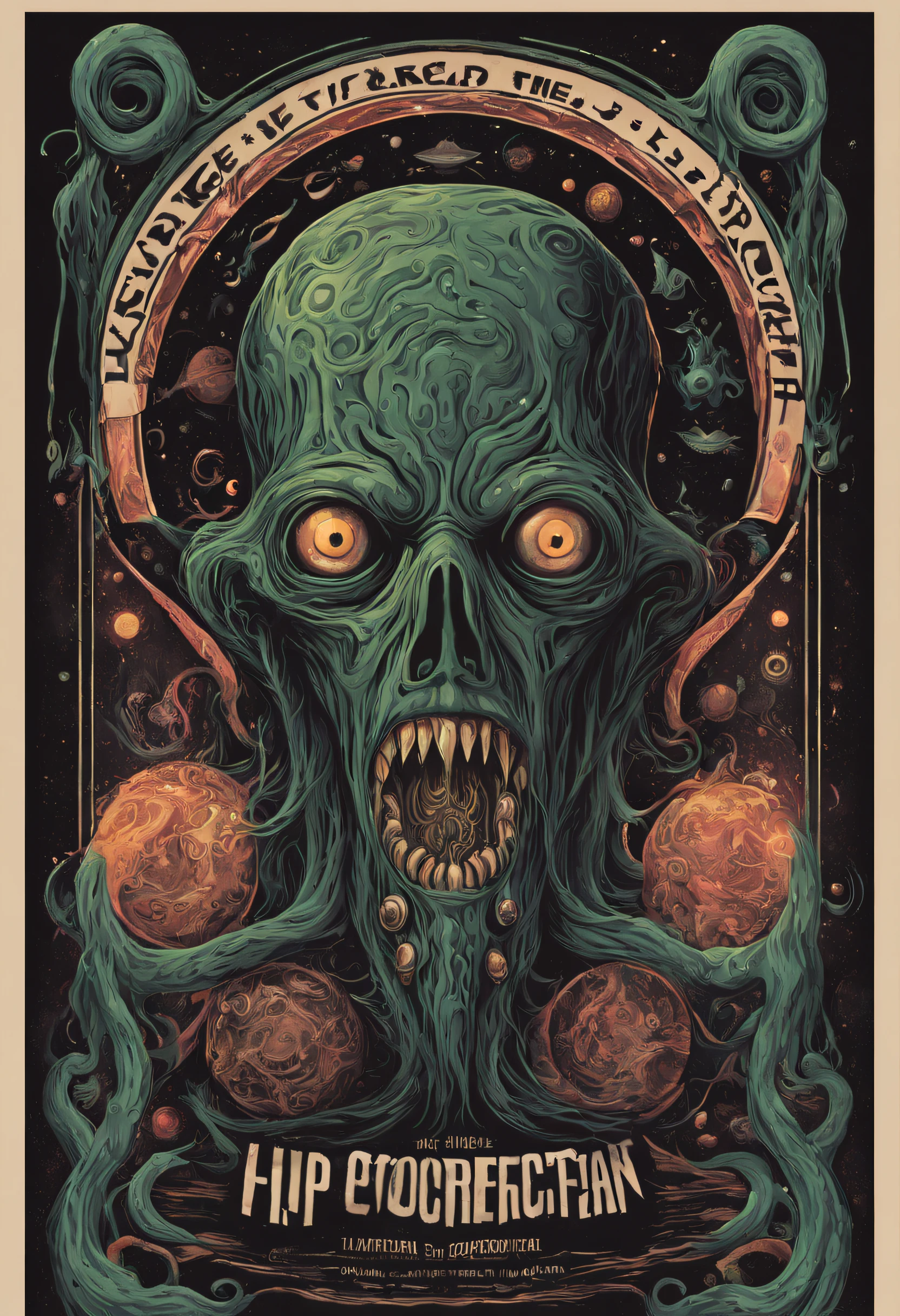 POSTER ART, Explore the Lovecraftian horror genre with an illustration that conveys the otherworldly and cosmic dread often associated with the works of H.P. Lovecraft. text, logos, modern art, pop art, black background