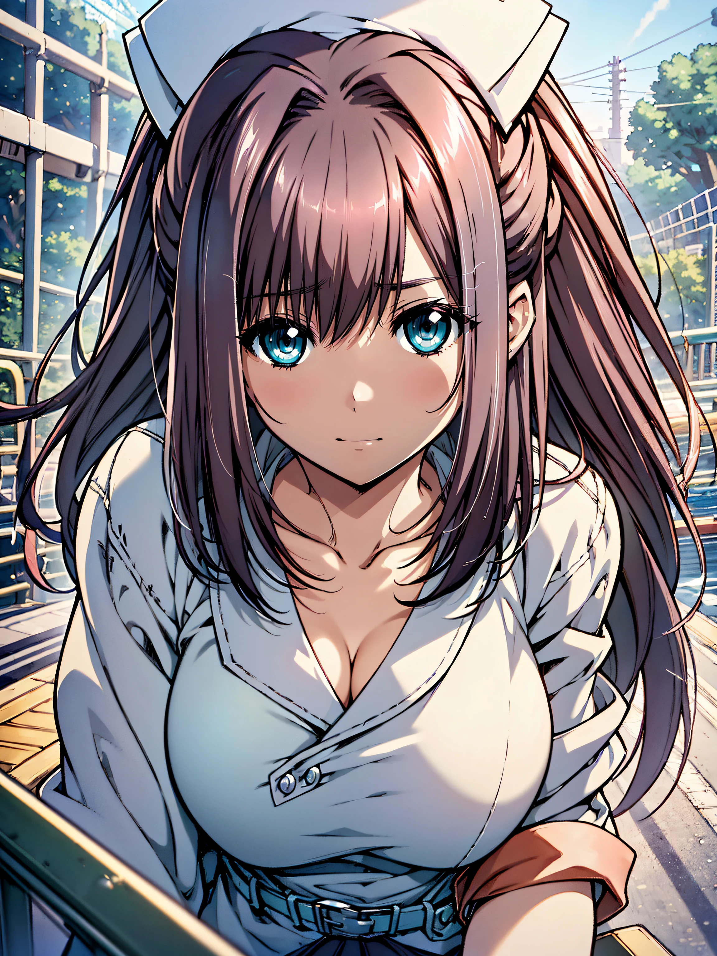 ((nurse)),hiquality, hight resolution, ultra-detailliert, high-level image quality, hightquality, anime illustrated, (finely detailed beautiful eye: 1.2), Detailed eye depiction, (finely detailed  eyes and detailed face:1.3), (extremely details CG, Best Shadow:1.1), Depth of field and blur, (Perfect Detail: 1.1) , digitial illustration, Enamel Art, Center, Watercolor painting, art  stations, concept-art, character sheets, Lightning Wave, beautiful anime watercolors, Vibrant colors, Sharp Focus, art by:hyung tae kim, Fine detail, intricate detailes, Curvaceous body, Detailed eye depiction, Vibrant colors,((Nervous look before riding a roller coaster))