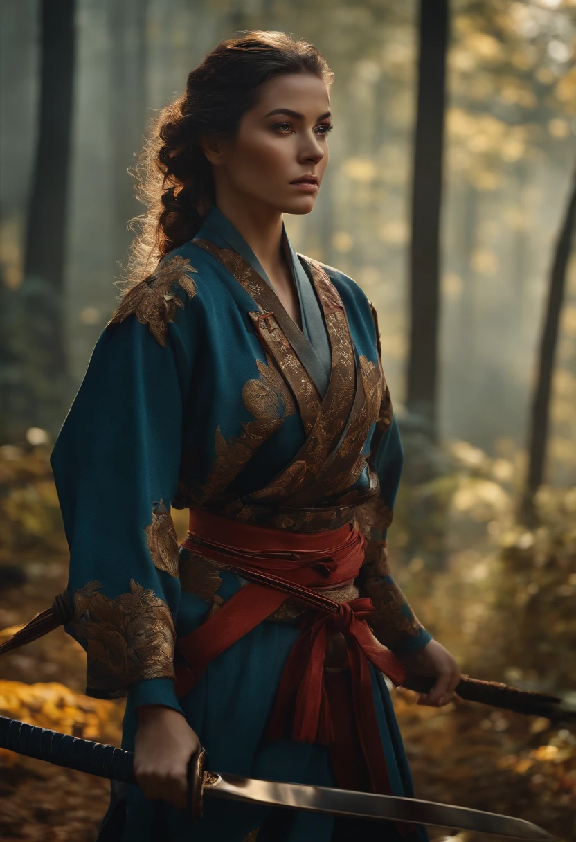 4k, Realistic, Muito Detalhe, there is a girl in a wood, She's a Samurai, tema guerra, roupas macias, cabelos longos, usando legging, 25 anos, corpo inteiro, usando sapatos gucci