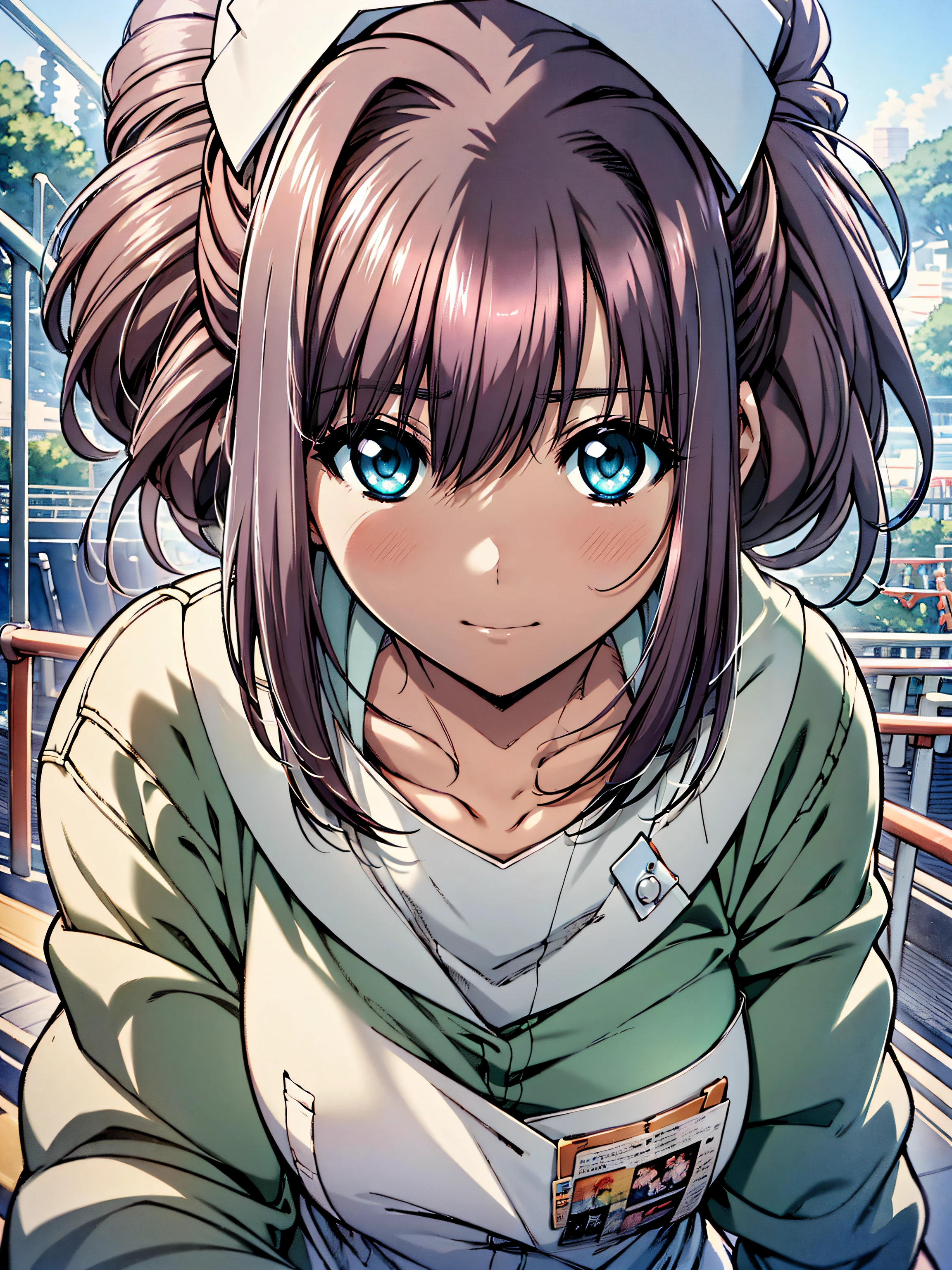 ((nurse)),hiquality, hight resolution, ultra-detailliert, high-level image quality, hightquality, anime illustrated, (finely detailed beautiful eye: 1.2), Detailed eye depiction, (finely detailed eyes and detailed face:1.3), (extremely details CG, Best Shadow:1.1), Depth of field and blur, (Perfect Detail: 1.1) , digitial illustration, Enamel Art, Center, Watercolor painting, art stations, concept-art, character sheets, Lightning Wave, beautiful anime watercolors, Vibrant colors, Sharp Focus, art by:hyung tae kim, Fine detail, intricate detailes, Curvaceous body, Detailed eye depiction, Vibrant colors,((Nervous look before riding a roller coaster))