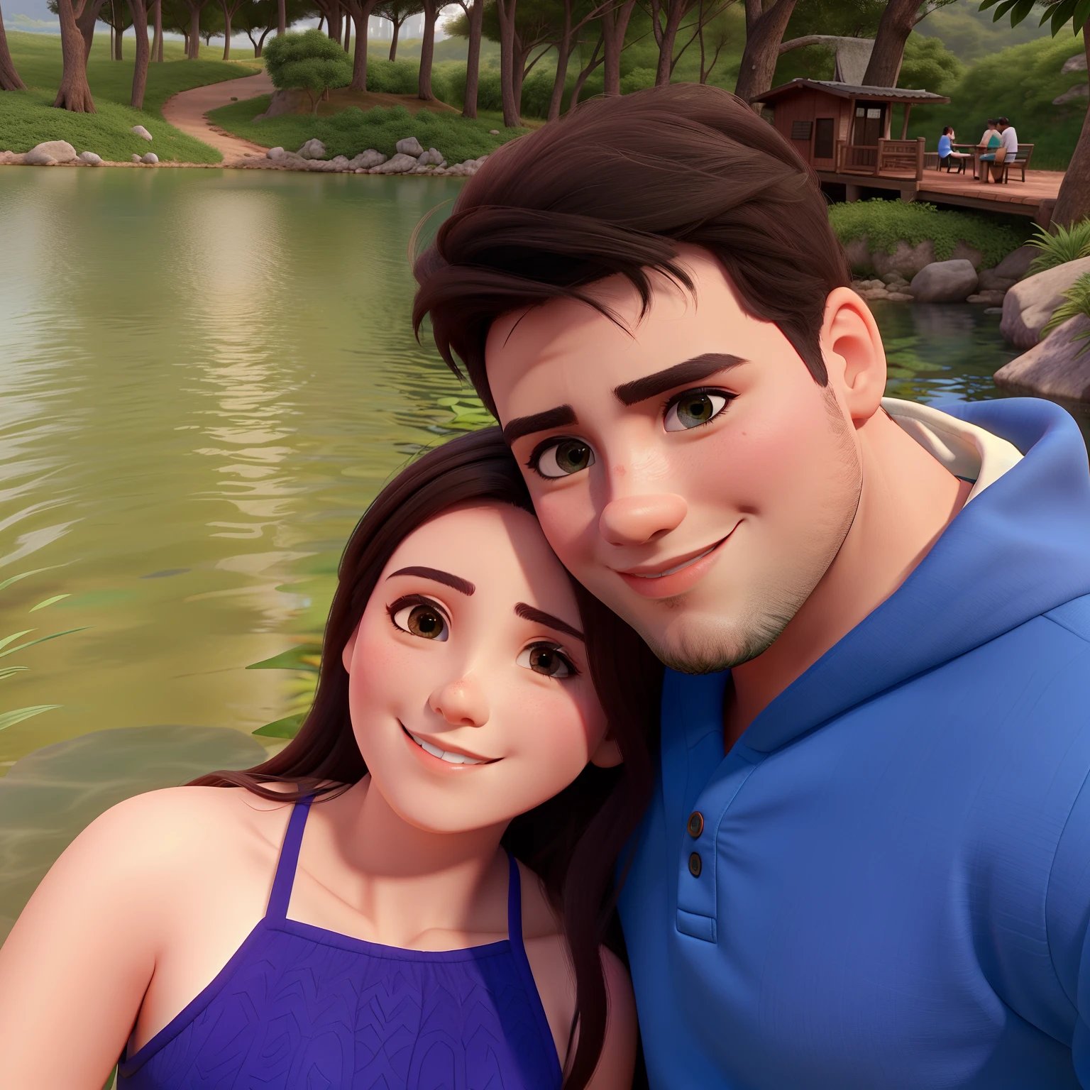 Um casal na natureza com o lago ao fundo. Ela possui sardas leves no rosto.