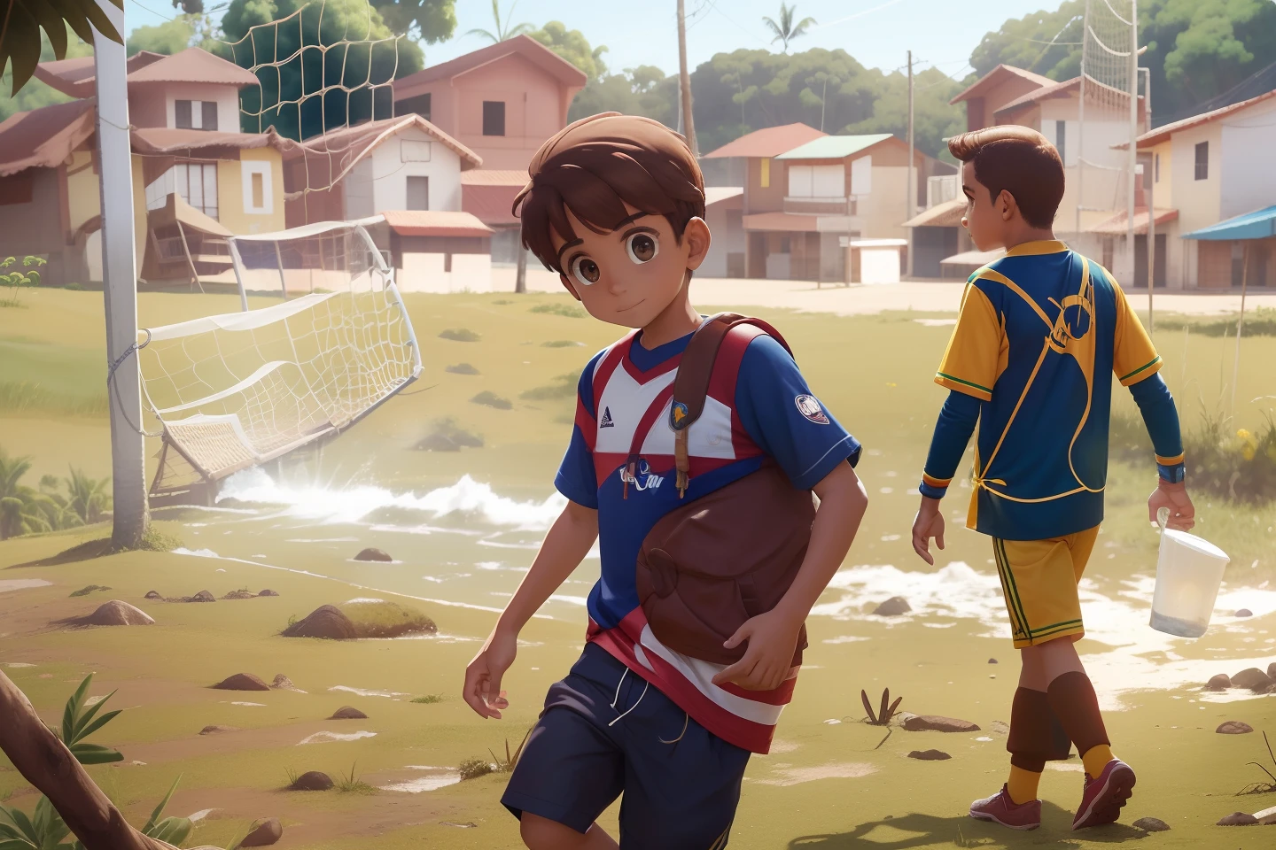 menino de 9 anos, cabelos curtos, cortados, marrons, olhos marrons, Shirt of the Brazilian national soccer team, amarela, caminhando sozinho em uma bela paisagem montanhosa no por do sol, feliz, estilo disney chanel, imagem uhd, 8k, ultra.