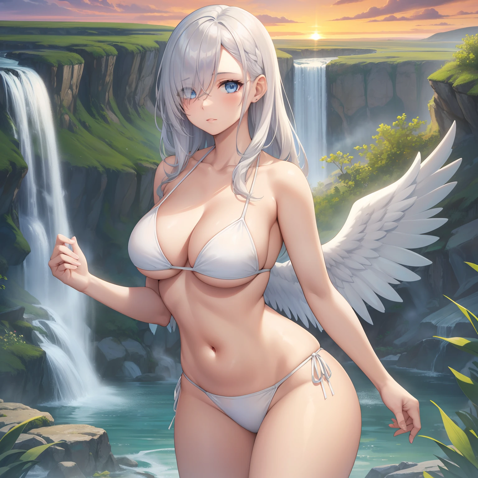 (((Solo))) girl with long white hair, (blue eyes), ((wearing a white bikini)), (hair covering one eye), masterpiece, (((large chest))), (((curvy hips))), detailed eyes, cleavage, small angel wings, ((standing by a waterfall)), beautiful waterfall background, horizon, beautiful lighting, ((sunset)) ((full lips)), gorgeous eyes, (((mature woman))), milf, [jane], [alice], (beautiful mature face), sparkling eyes, age30