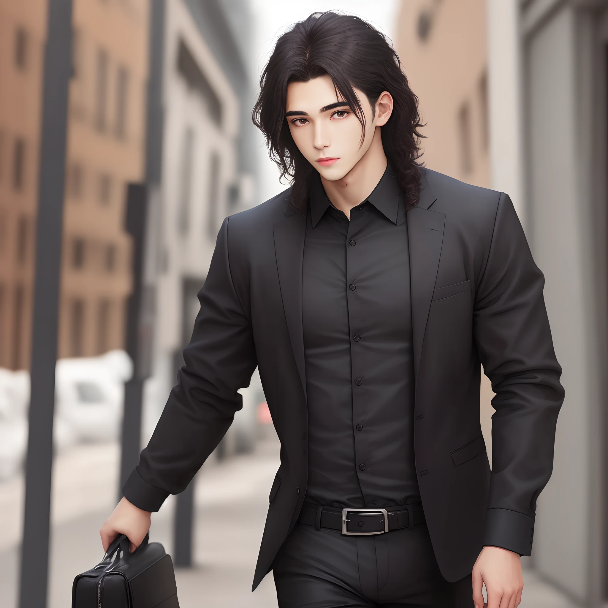 Guy with black cloths and hair, professional looking