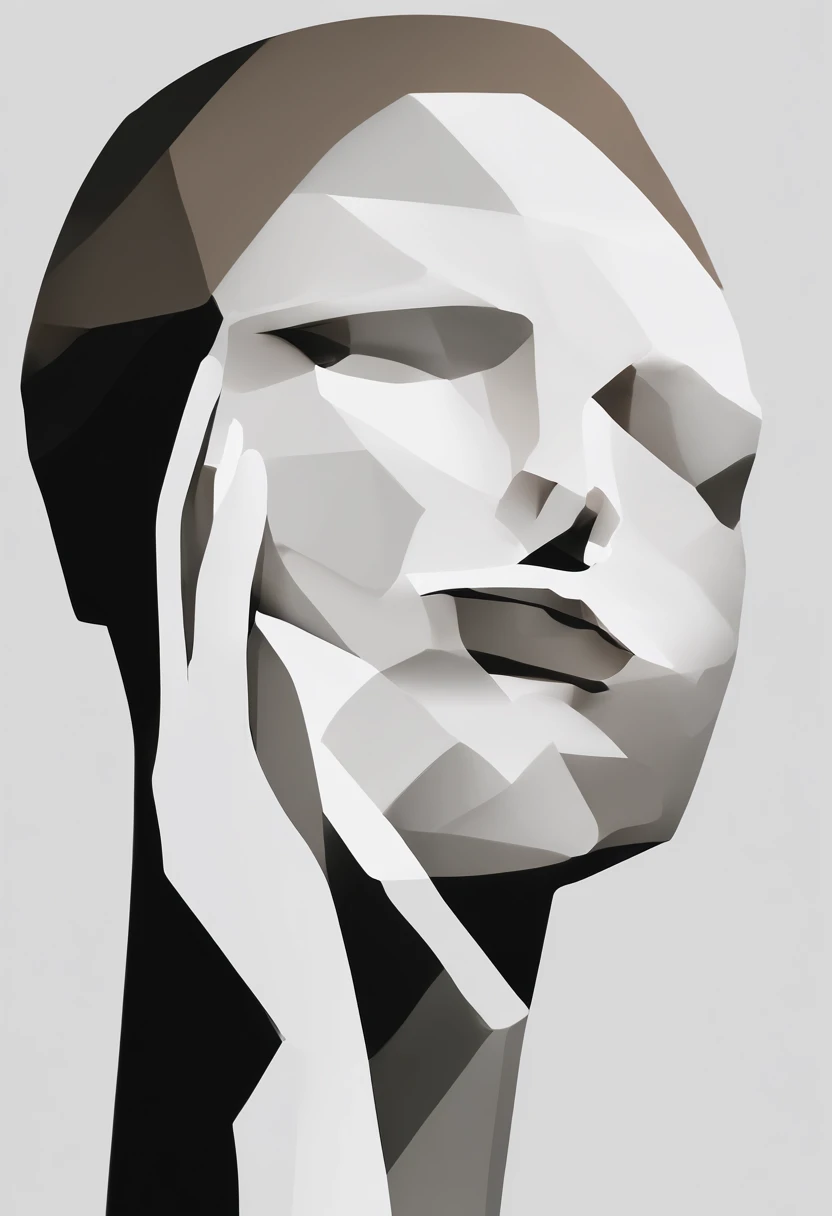 Grab your head with both hands, Wrinkled Paper Face, Open Miso of the Brain,Face with closed eyes,Abstract close-up portrait,Surreal Dark Art,4k,detailized face,slight smile
