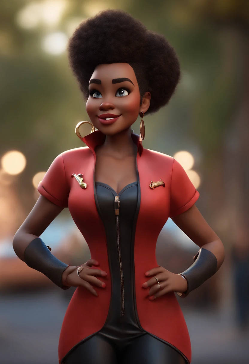 personagem dos desenhos animados de uma mulher com cabelos afro preto na altura dos ombros, magra,com um grande sorriso,usando vestido vermelho com um pano por cima dos ombros, nariz pequeno e fino, tocando saxofone,animation character, Caractere estilizado, animation style rendering, 3D estilizado, Arnold Maya render, 3 d render stylized, toon render keyshot, Personagem 3D, Personagem 3D, 3d rendering stylized, 3 d character render, personagem de desenho animado, Personagem de close up, Pose de personagem, (Estilo Pixar) (master part:1.2) (Bokeh) (best quality) (pele detalhada) (textura detalhada) (8k) (argila) (Cinematic lighting) (foco nítido