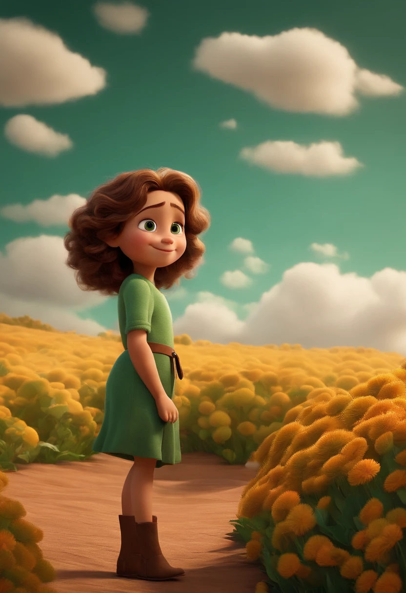 Meina de 5 anos branca com cabelo Grande e marrom com olhos verdes deitada em um chao de grama olhando para um ceu cheio de nuvens em estilo pixar