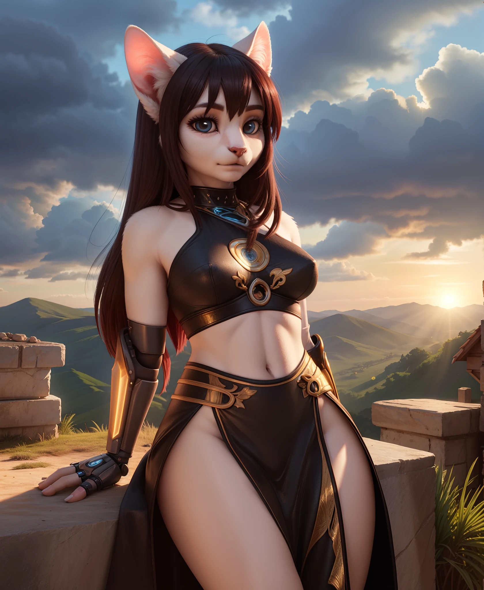 Antecedentes detalhados, female, master part, cabelo detalhado, Realistic hair, corpo inteiro, pele detalhada, rosto e olhos detalhados, Detalhe superior do corpo e membros, Unrealistic proportions, Detailed lighting, Cinematic lighting, luz ambiente detalhada, gray natural lighting, Backlighting, Raio Crepuscular, sombra de meio corpo, foco nítido, .cgi, fotorrealista, High detail, Realistic, absurdos, best quality, HDR, alta qualidade, high-definition, extremamente detalhado, Papel de parede 8K, detalhes intrincados, 8k UHD, Full-HD, (Realistic photo:1.2), Contraste, harsh lighting, natural lighting, luz dura, global ilumination, Ambient occlusion, profundidade de campo, field of view, Reflexo da lente, florescer, ambiente deslumbrante, patas, pano detalhado, jovem, (sozinho)seguro, Garota gato cyberpunk, Vivid details of its appearance, garments, and cybernetic augmentations The feline hybrid is described as being lyrical and graceful with sharp features, orelhas longas, e uma cauda fina que se contorce com energia animalesca Ela usa armadura de couro preto justa, adorned with bright red lines tracing along its contours, enfatizando as lindas curvas de seu corpo; Amendments;,